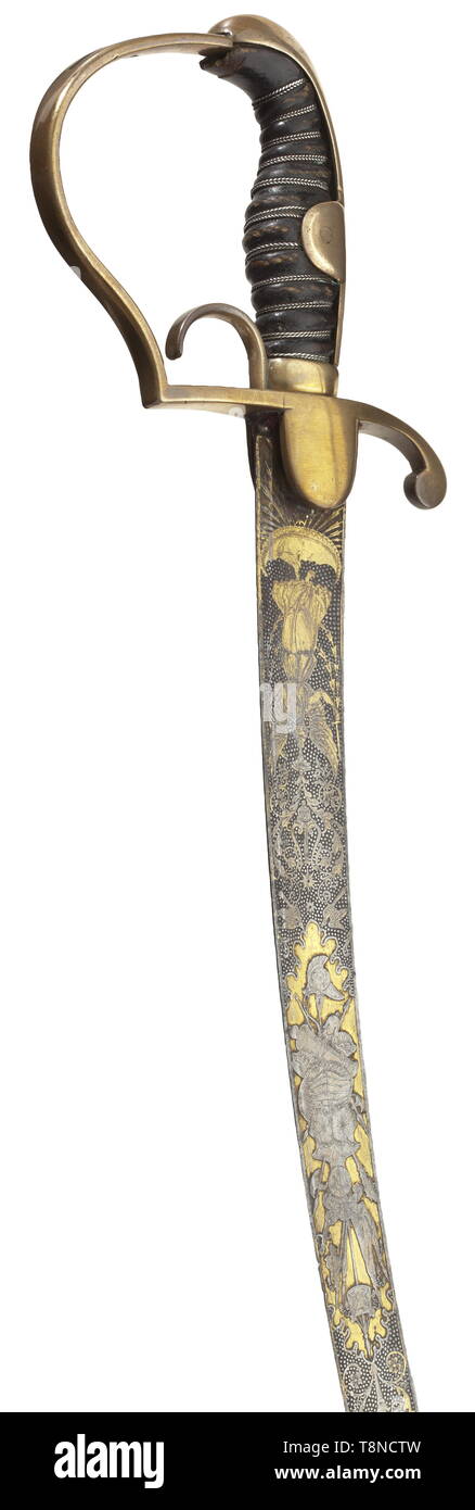 A Russian sabre with splendid, part-gilt blade, (probably) Zlatoust, mid-19th century Curved, fullered and previously blued single-edged blade with yelmen. Profusely etched and part-gilt on both sides. The lower part of the blade with damascened ground, the upper part with scenes from mythology, crescent moon and trophies. The back of the blade etched with crescent moons on gilt ground. Probably an originally unassociated brass hilt and steel scabbard, presumably added in the later period of use. Length 95 cm. Probably a captured Russian blade. E, Additional-Rights-Clearance-Info-Not-Available Stock Photo