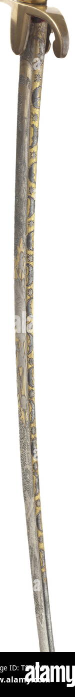 A Russian sabre with splendid, part-gilt blade, (probably) Zlatoust, mid-19th century Curved, fullered and previously blued single-edged blade with yelmen. Profusely etched and part-gilt on both sides. The lower part of the blade with damascened ground, the upper part with scenes from mythology, crescent moon and trophies. The back of the blade etched with crescent moons on gilt ground. Probably an originally unassociated brass hilt and steel scabbard, presumably added in the later period of use. Length 95 cm. Probably a captured Russian blade. E, Additional-Rights-Clearance-Info-Not-Available Stock Photo