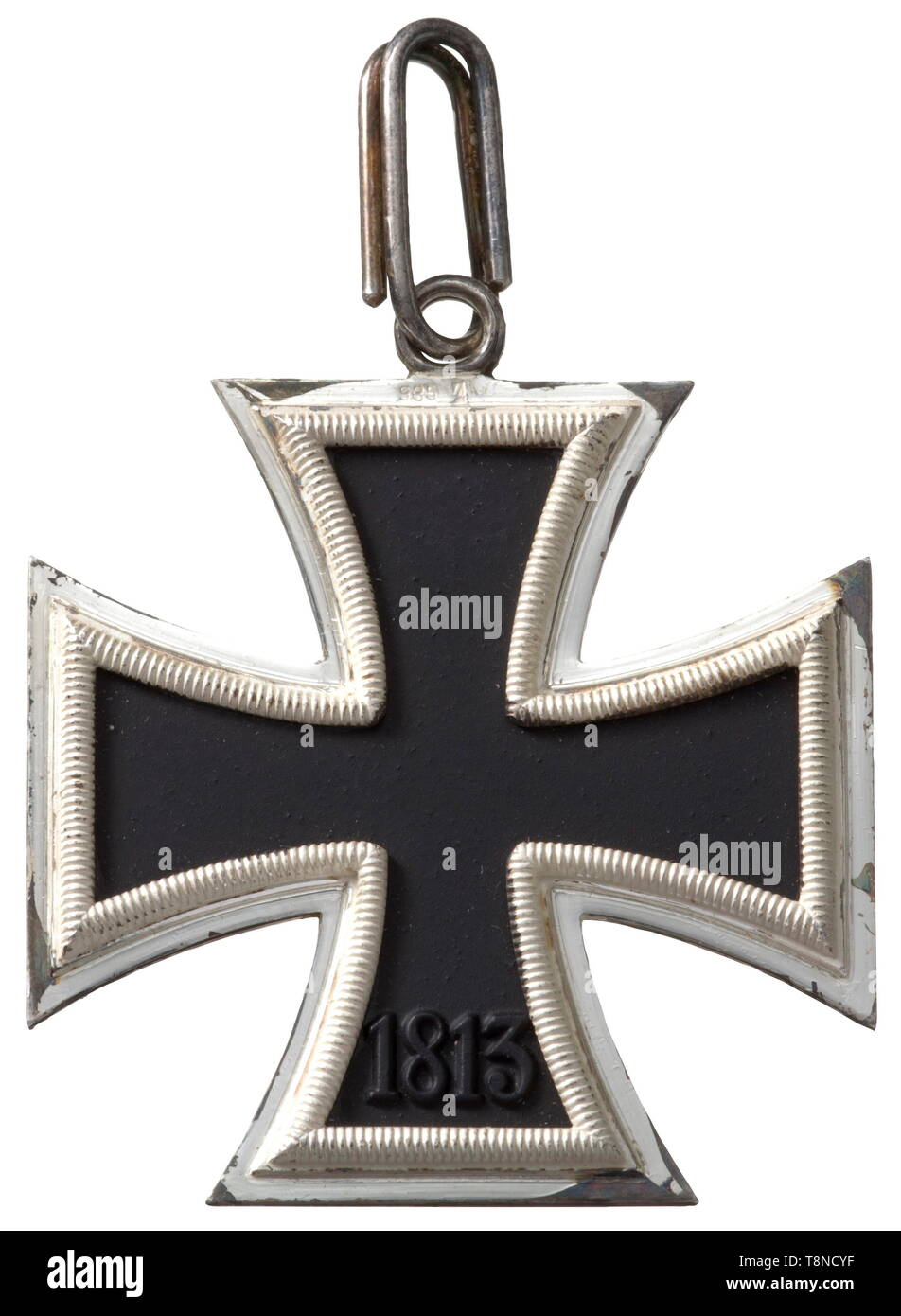 Knight's Cross of the Iron Cross by the firm Steinhauer & Lück '4' A never used cross in '935' silver and iron, late world war issue of this Lüdenscheid manufacturer. The silver frame retains the original frosting with minimal oxidation at the corners. The suspension ring likewise bears a silver fineness punchmark and the accompanying original section of Knight's Cross ribbon is not shortened and 74 cm in length. According to the consignor, this cross is not from the Klessheim Castle hoard, but rather is a posthumously awarded example. Width 48.2 mm. Weight 29.5 g. historic, Editorial-Use-Only Stock Photo