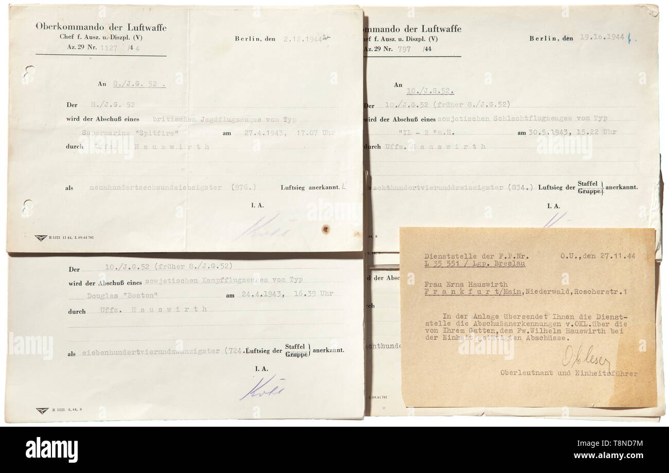 Wilhelm Hauswirth - 48 air victory certificates In an envelope addressed to his wife including cover letter (tr.) 'Enclosed please find the confirmation of victories in air combat attained by your husband Wilhelm Hauswirth'. Among them 4x Supermarine 'Spitfire', 2x North American B-25 'Mitchell', 4x Bell P-39 'Airacobra', 2x Douglas 'Boston', 2x 'MIG-1', 26x 'LAGG', 6x 'IL-2', 'I-153' and 'Jak-1'. Very rare in this quantity. historic, historical, Air Force, branch of service, branches of service, armed service, armed services, military, militaria, air forces, object, object, Editorial-Use-Only Stock Photo