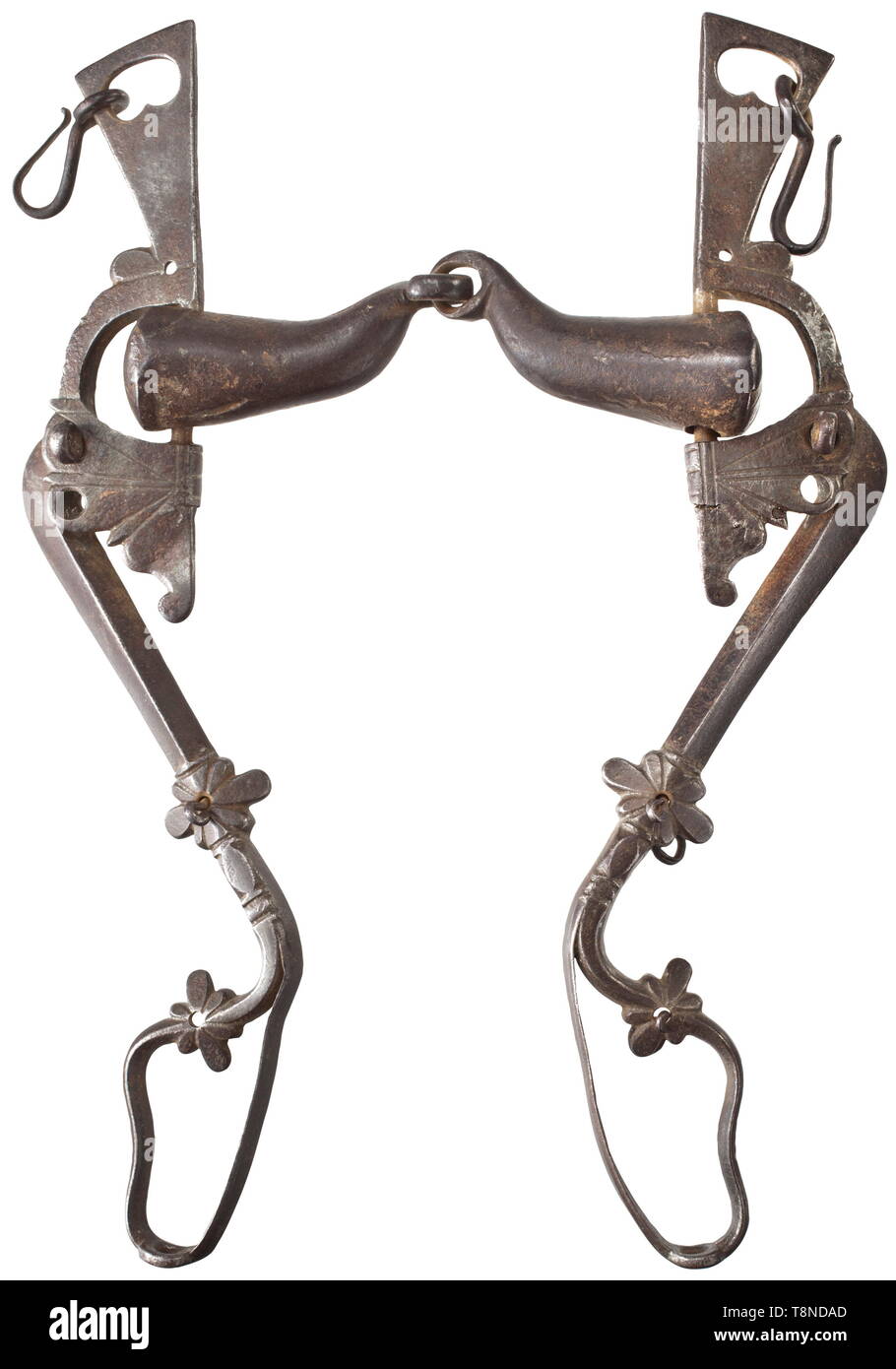 A French snaffle bit, 17th century Wrought iron. Double conical mouth-piece made of two pieces, curved profiled lateral parts with chiselled ornaments. Length 33 cm. historic, historical, 17th century, Additional-Rights-Clearance-Info-Not-Available Stock Photo