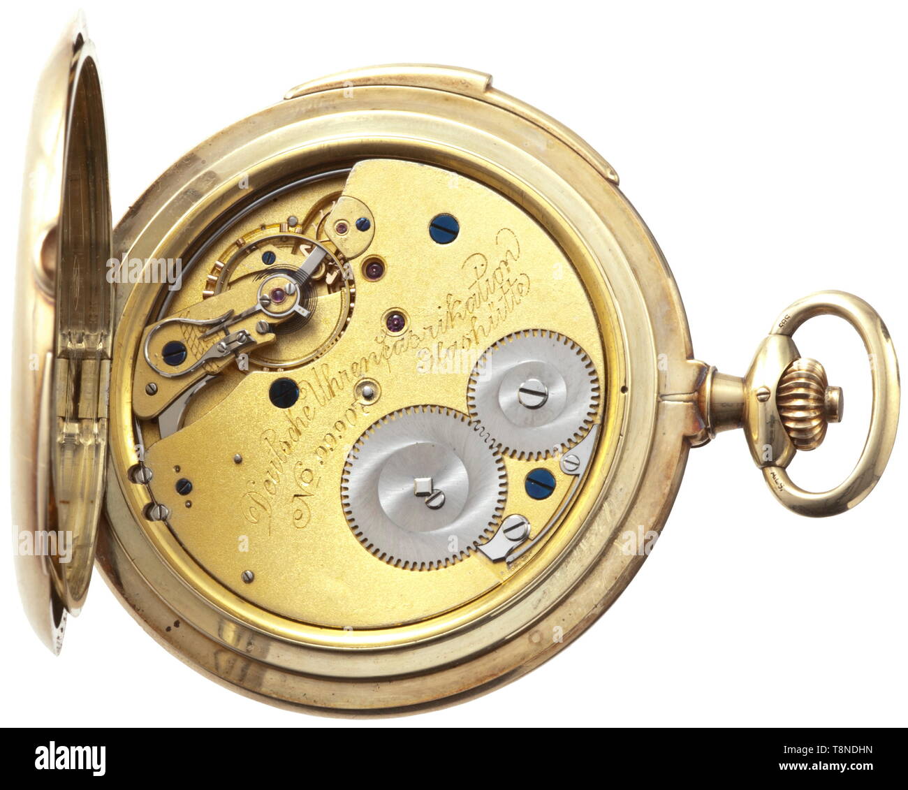 Adolf Hitler - a presentation pocket watch to Reichsführer-SS Heinrich Himmler, Christmas 1935 - made by Lange & Söhne/Glashütte i./Sa. Gold hunter case pocket watch. Several marks, fineness '0.585', crown and company name 'Glashütte A. Lange & Söhn 20th century, Editorial-Use-Only Stock Photo