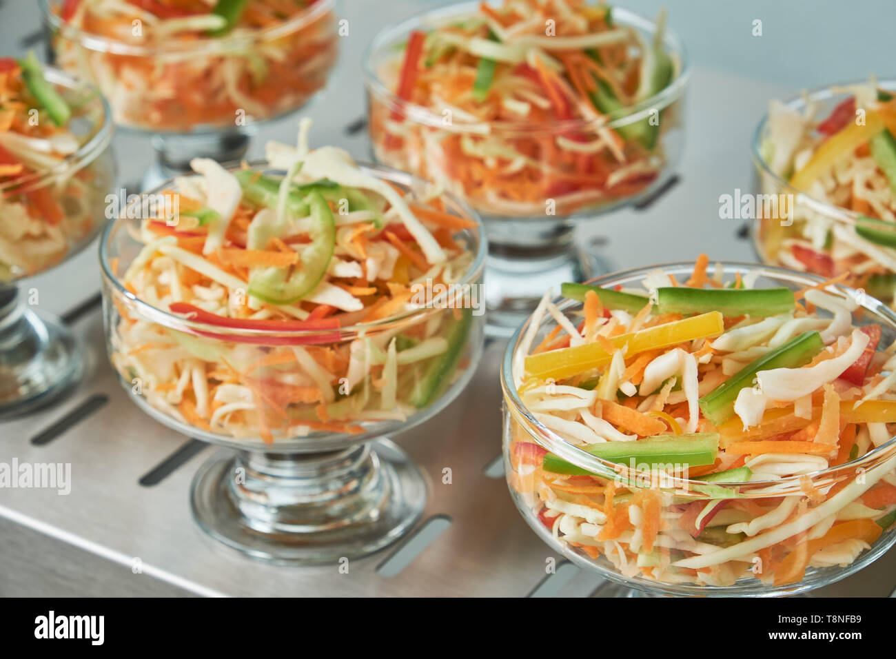 Showcase refrigerator for catering with cooked food. Sweet desserts, hot dishes and salads Stock