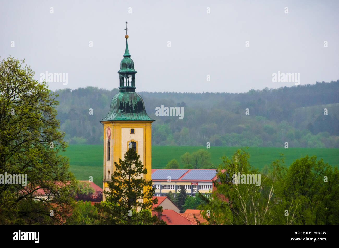 Bernstadt a.d. Eigen, Saxony/Germany, May 10th 2019 - view on the tower of the protestant church in Bernstadt auf dem Eigen Stock Photo