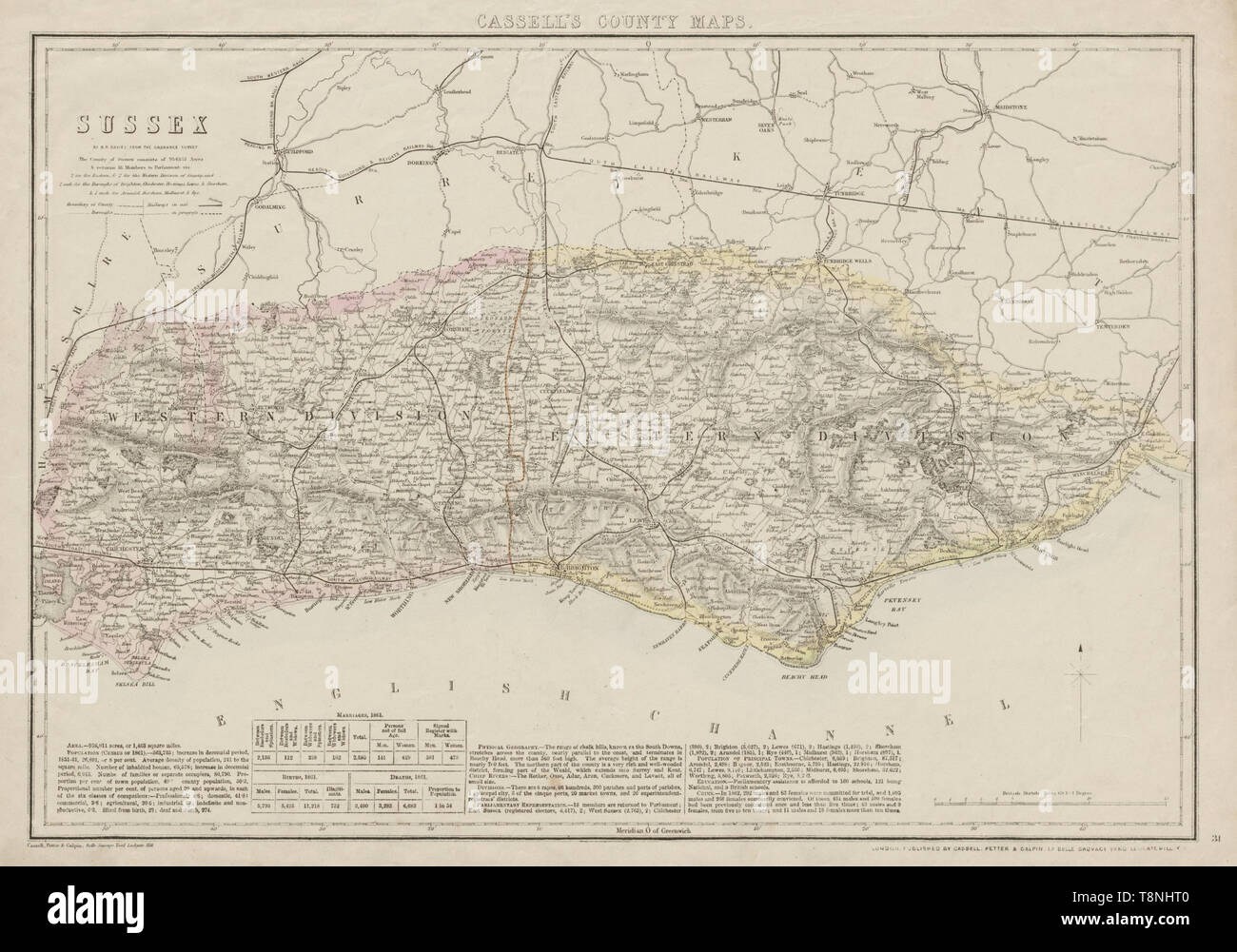 SUSSEX antique county map. Chichester Rye Brighton Horsham. BR DAVIES 1863 Stock Photo