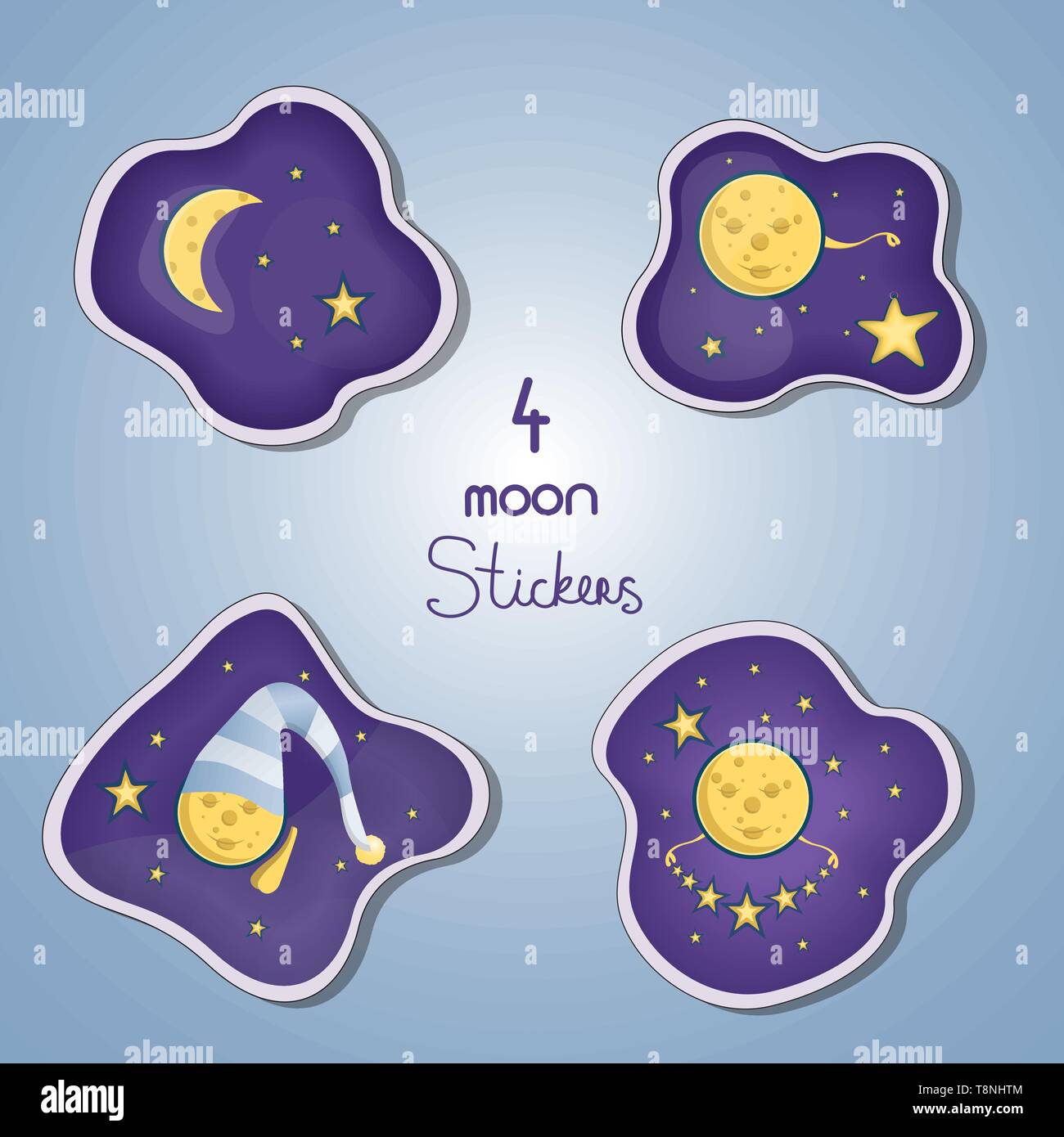 Set od four stickers of moon character. Vector illustration Stock Vector