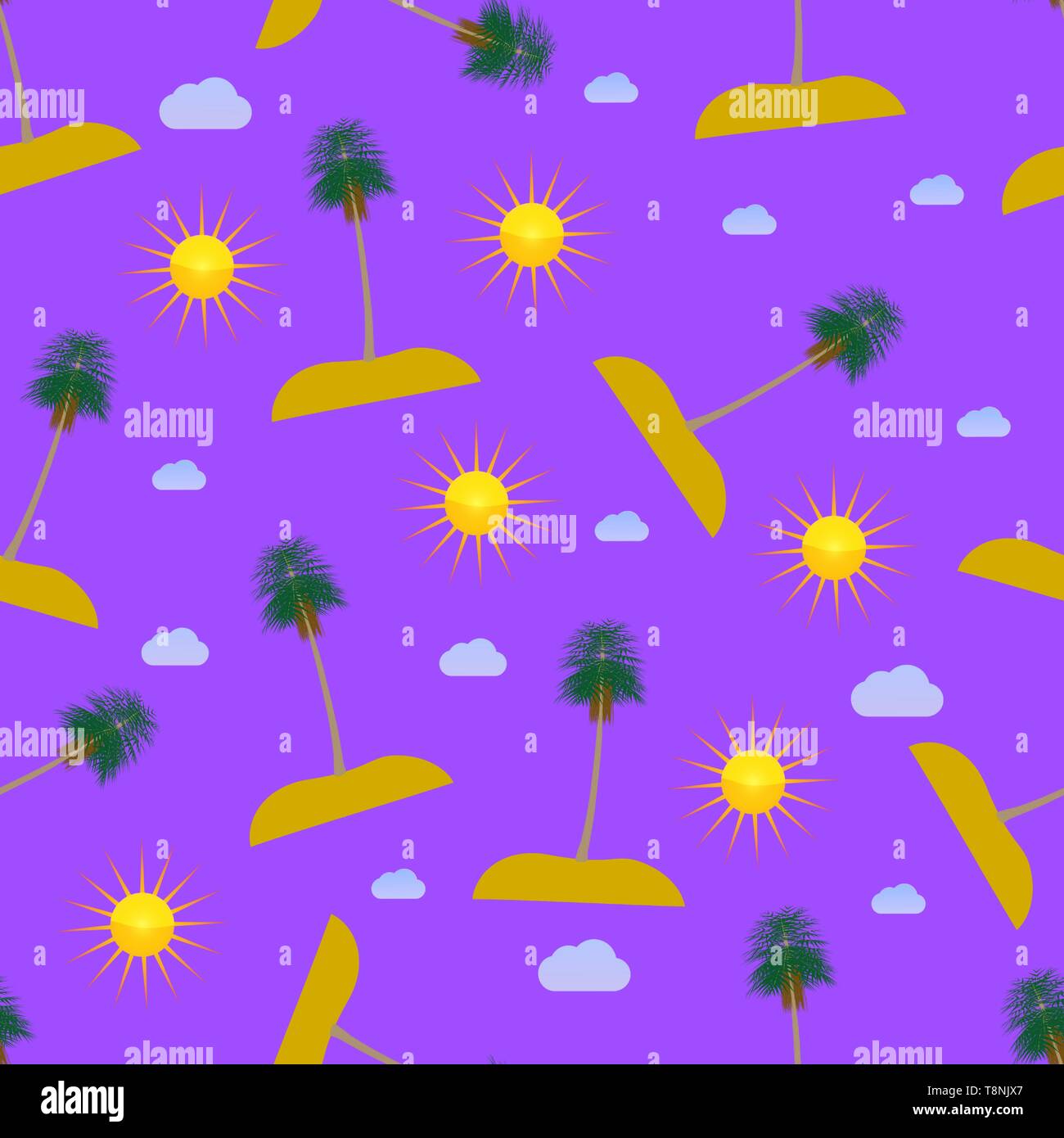 Seamless texture with islands and palm trees, the sun. Vector illustration Stock Vector