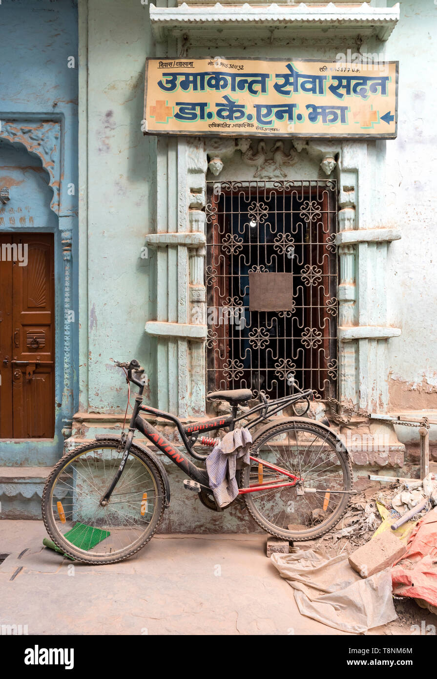 Bicycle in the streets of Old City of Varanasi, India Stock Photo