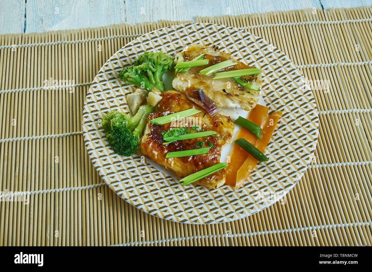 Asian Style Hake with Sweet Chilli,, Coriander, Spring Onion, Coriander and Lime Butter Fish