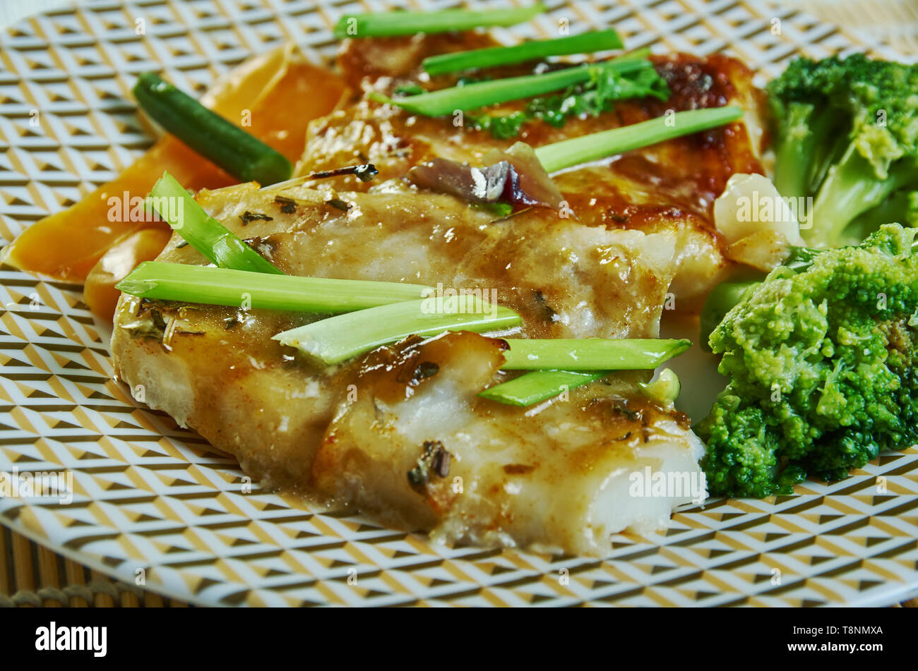 Asian Style Hake with Sweet Chilli,, Coriander, Spring Onion, Coriander and Lime Butter Fish