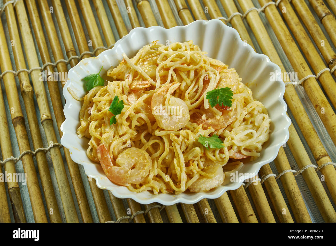 Bang Bang Shrimp Pasta, in a sauce made from mayonnaise, sweet chili
