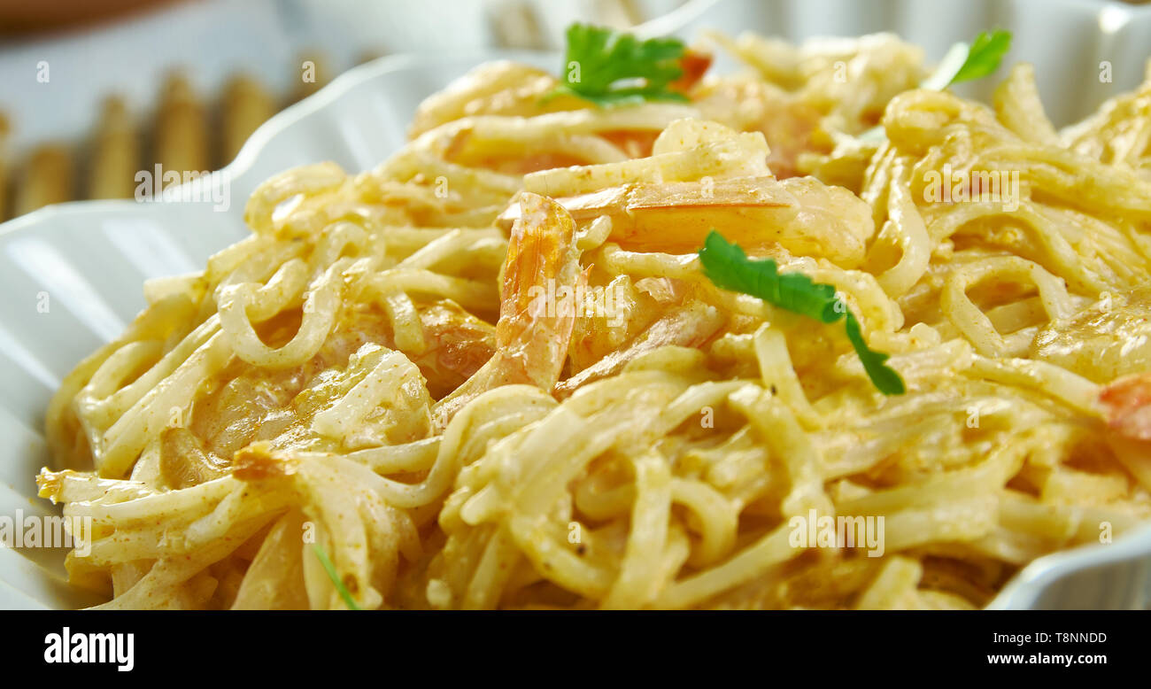 Bang Bang Shrimp Pasta, in a sauce made from mayonnaise, sweet chili