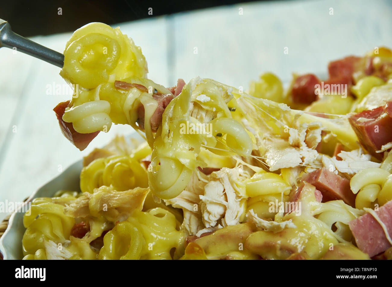 Chicken Cordon Bleu Casserole, shredded chicken, ham, and swiss in a