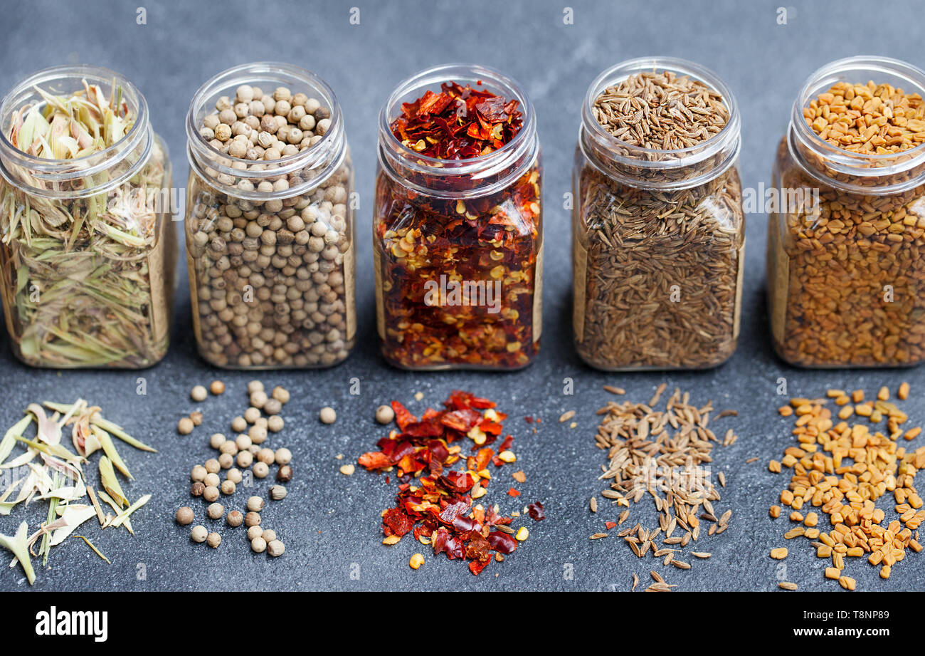https://c8.alamy.com/comp/T8NP89/assortments-of-spices-in-jars-on-grey-stone-background-T8NP89.jpg