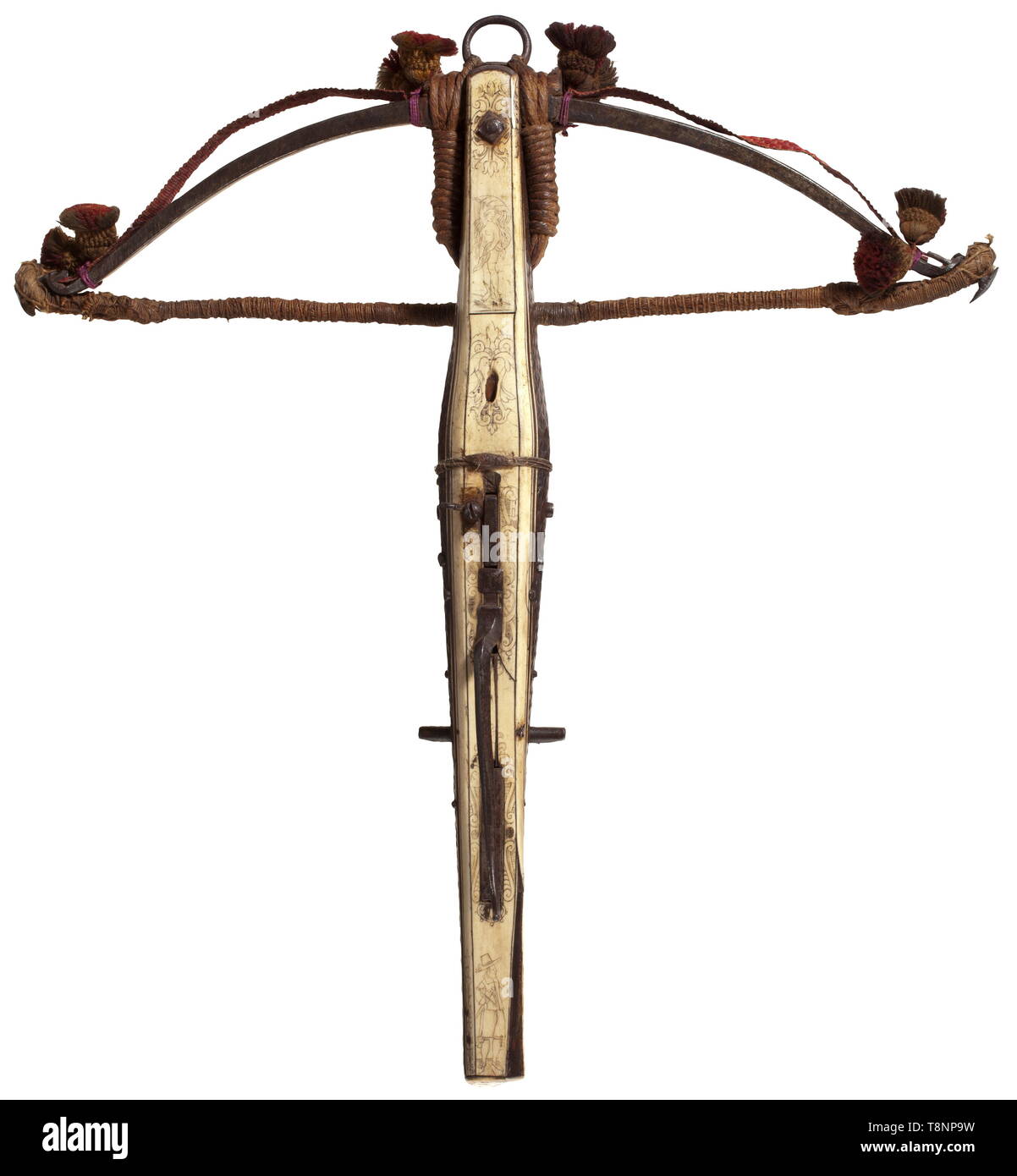 A German hunting crossbow, 17th century Heavy iron prod with a woven lanyard and woollen tassels, later hemp bowstring, retained by cords. Slightly bulgy tiller with carvings at the sides, the upper and lower surfaces with bone inlays and finely engraved with decorative scrollwork and tendrils on the top, and depictions of a hunter and the Birth of Venus at the lower side. Original, finely chiselled iron aperture sight. Bolt-clip is missing. Multi-axle lock with iron trigger guard. Length 66 cm. historic, historical, crossbow, crossbows, distance, Additional-Rights-Clearance-Info-Not-Available Stock Photo