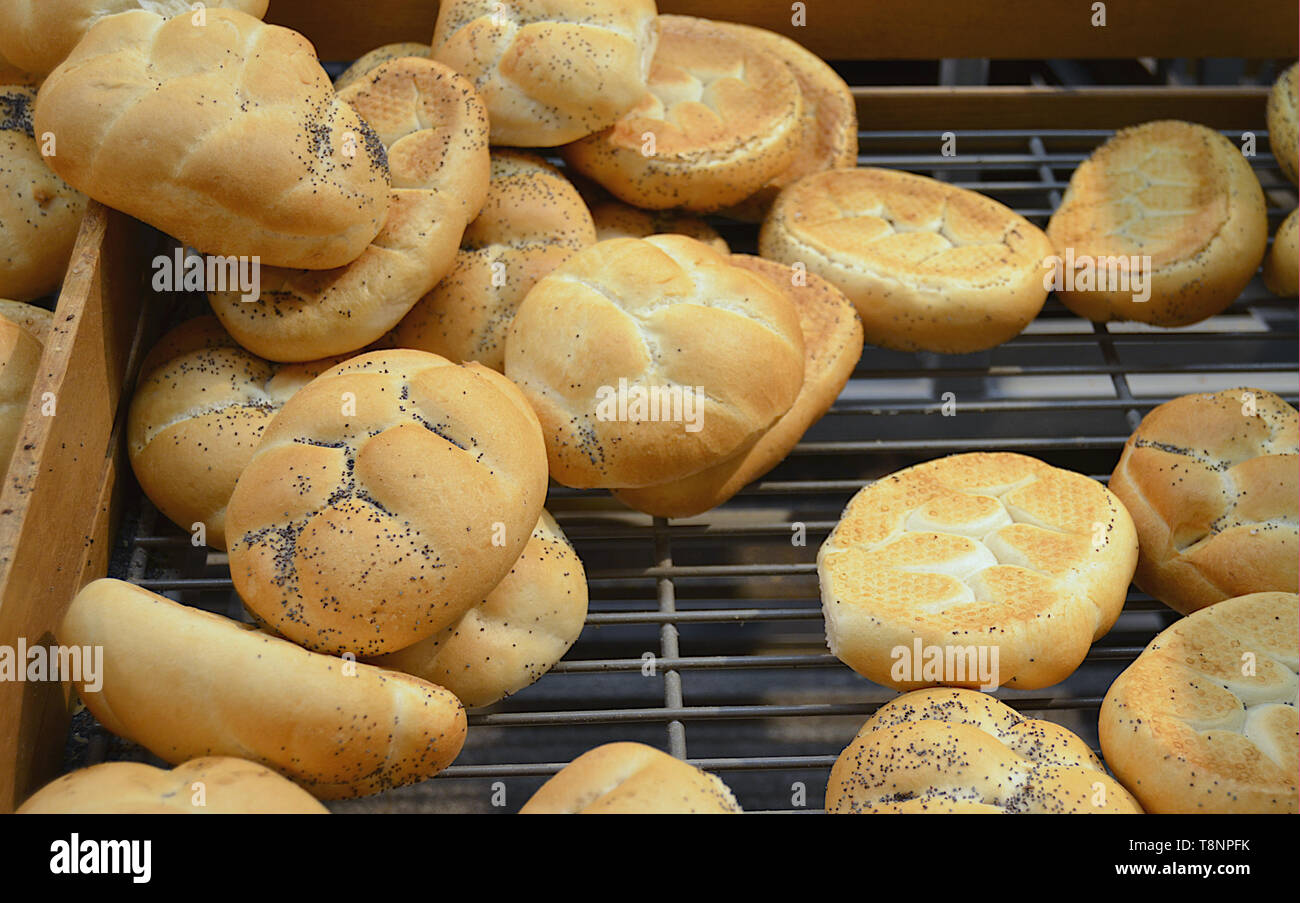 Traditional czech white flour bread rolls (zemle, housky), sprinkled