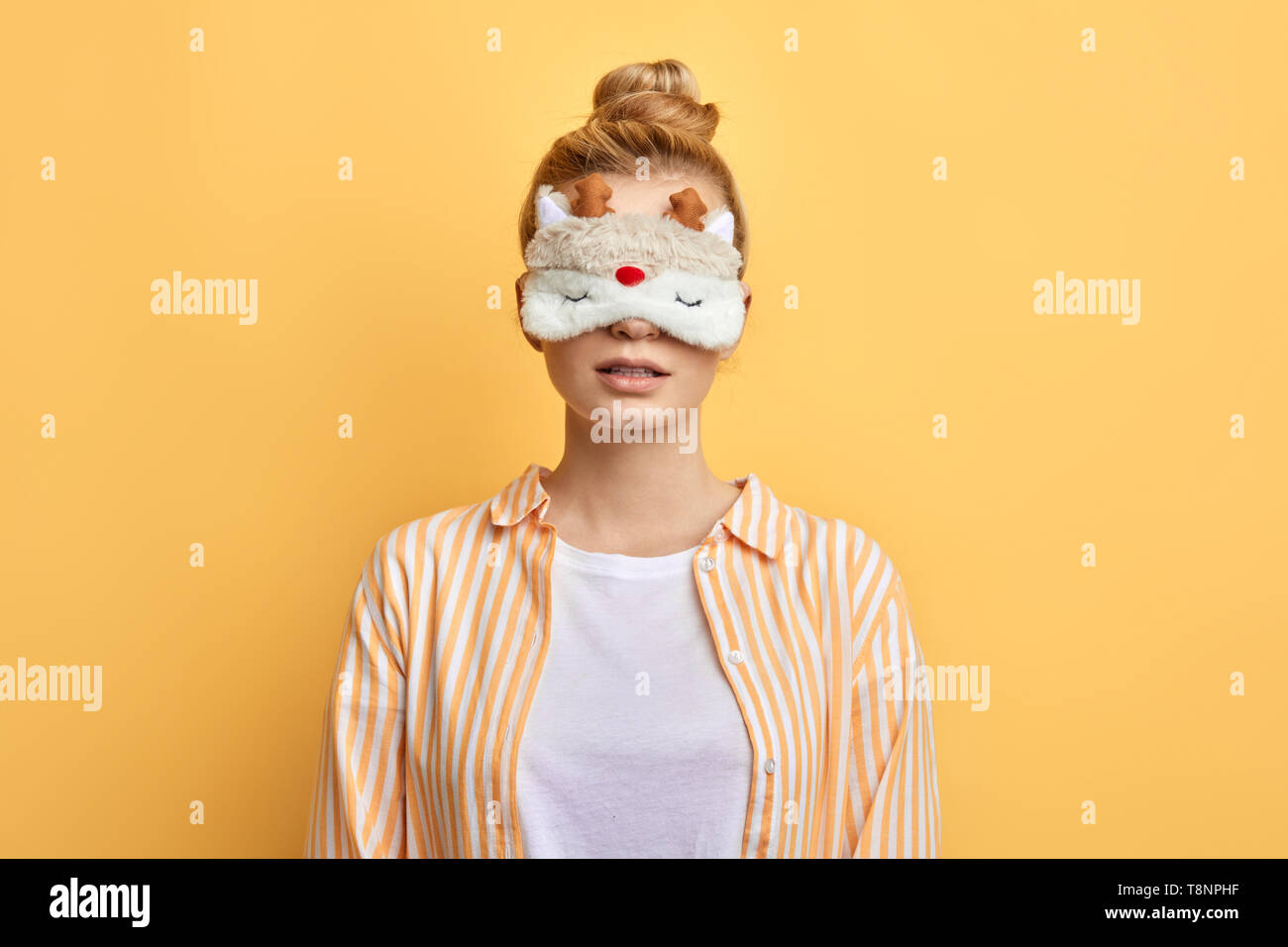 Download Beautiful Young Woman Wearing Eyemask Funny Cheerful Girl In Sleep Mask In Morning Posing To The Camera Close Up Photo Isolated Yellow Background Stock Photo Alamy PSD Mockup Templates