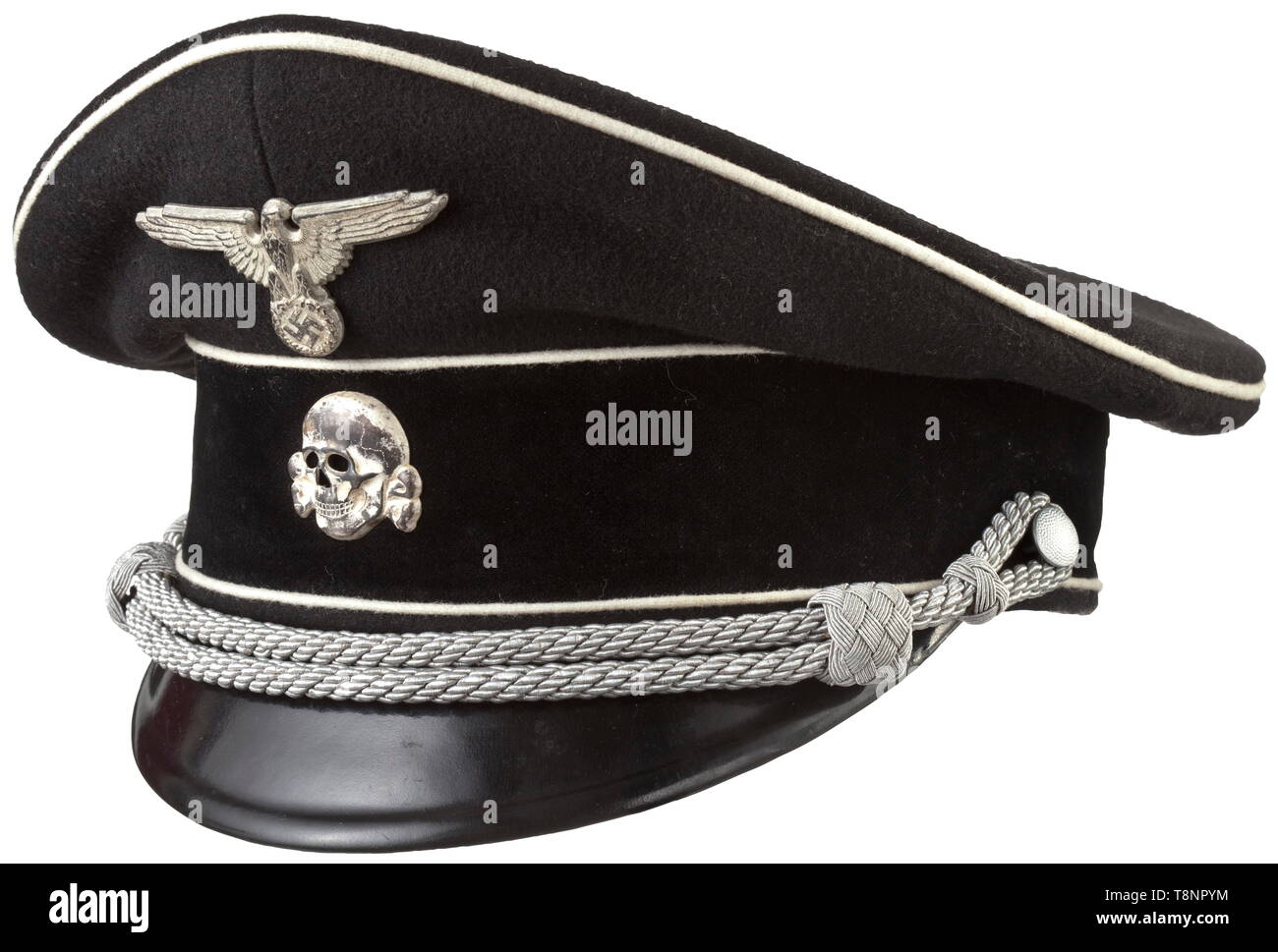 A visor cap for leaders of the Allgemeine-SS Made from fine black cloth, cap band of black velvet, white piping, silver-plated cupal insignia, silver cap cording. Black inner lining, a cloth tag beneath the cap trapezoid 'Vom Reichsführer SS befohlene Ausführung SS RZM'. Brown leather sweatband, the visor with RZM-SS ink stamping. Near mint condition. historic, historical, 20th century, 1930s, 1940s, Waffen-SS, armed division of the SS, armed service, armed services, NS, National Socialism, Nazism, Third Reich, German Reich, Germany, military, militaria, utensil, piece of e, Editorial-Use-Only Stock Photo