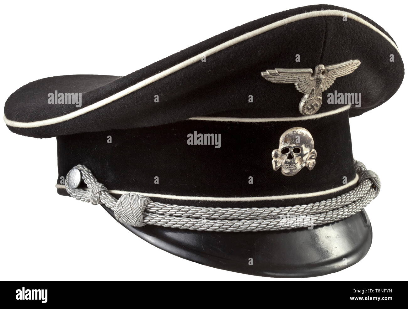 A visor cap for leaders of the Allgemeine-SS Made from fine black cloth, cap band of black velvet, white piping, silver-plated cupal insignia, silver cap cording. Black inner lining, a cloth tag beneath the cap trapezoid 'Vom Reichsführer SS befohlene Ausführung SS RZM'. Brown leather sweatband, the visor with RZM-SS ink stamping. Near mint condition. historic, historical, 20th century, 1930s, 1940s, Waffen-SS, armed division of the SS, armed service, armed services, NS, National Socialism, Nazism, Third Reich, German Reich, Germany, military, militaria, utensil, piece of e, Editorial-Use-Only Stock Photo