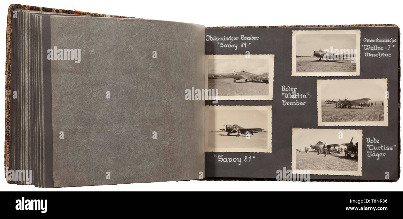 Two photo albums of the Spanish Civil War (1936-39) - Condor Legion 315 first rate technical, battle and terrain images. The albums are very well-inscribed, the photos affixed using adhesive corners. Numerous images of trucks and tanks in the field, aircraft (Me 109, He 111 etc.), cities and villages in Spain (Taragona, Olot, Barcelona, Sababell, Toledo, Madrid among others). Also, bunkers and positions, troop build-ups, destroyed buildings and vehicles, battles on all fronts up to the peace agreement and following journey home by German ships. Rare photos from the period o, Editorial-Use-Only Stock Photo