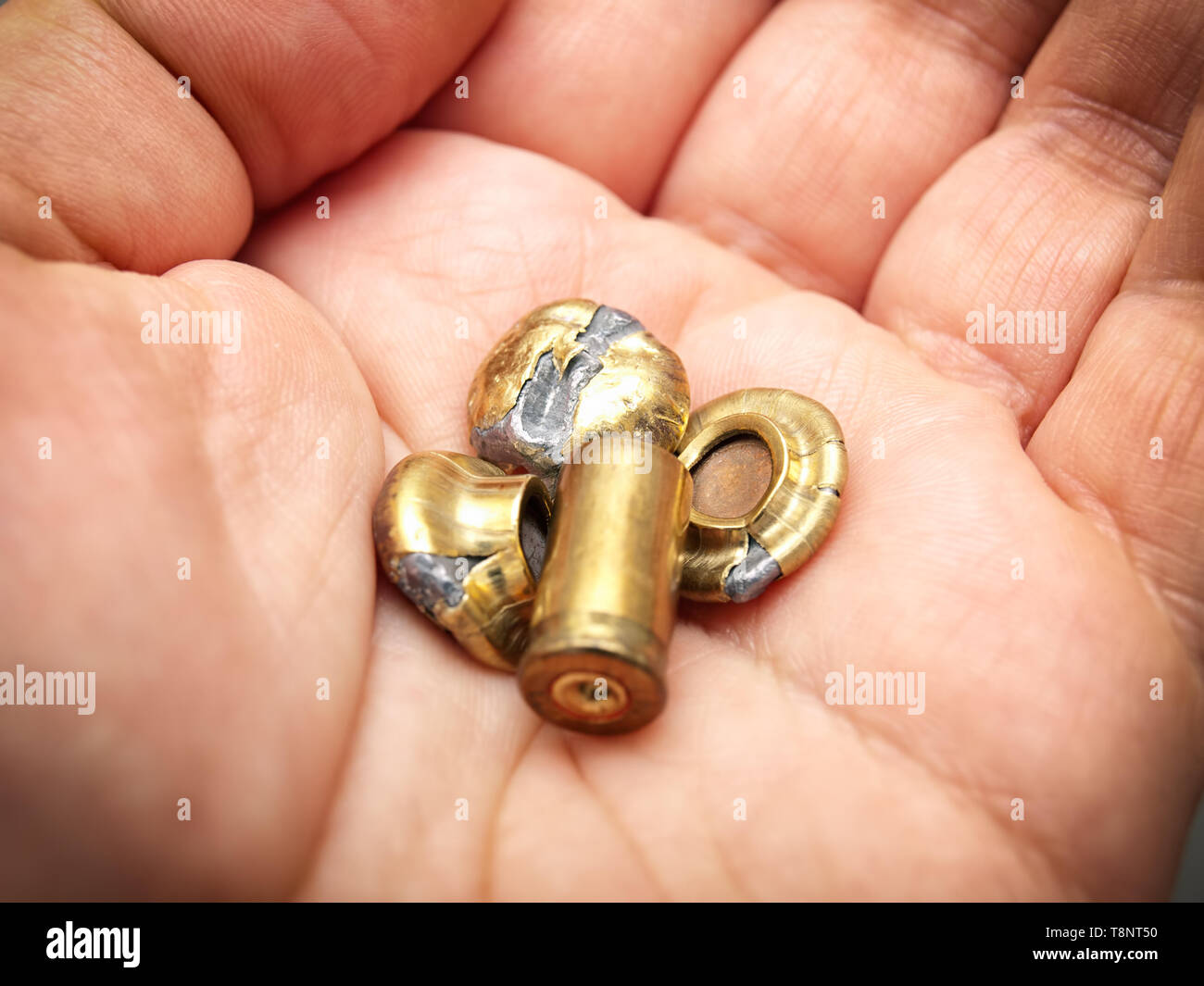 A hand holding a fired bullets and shell. Stock Photo