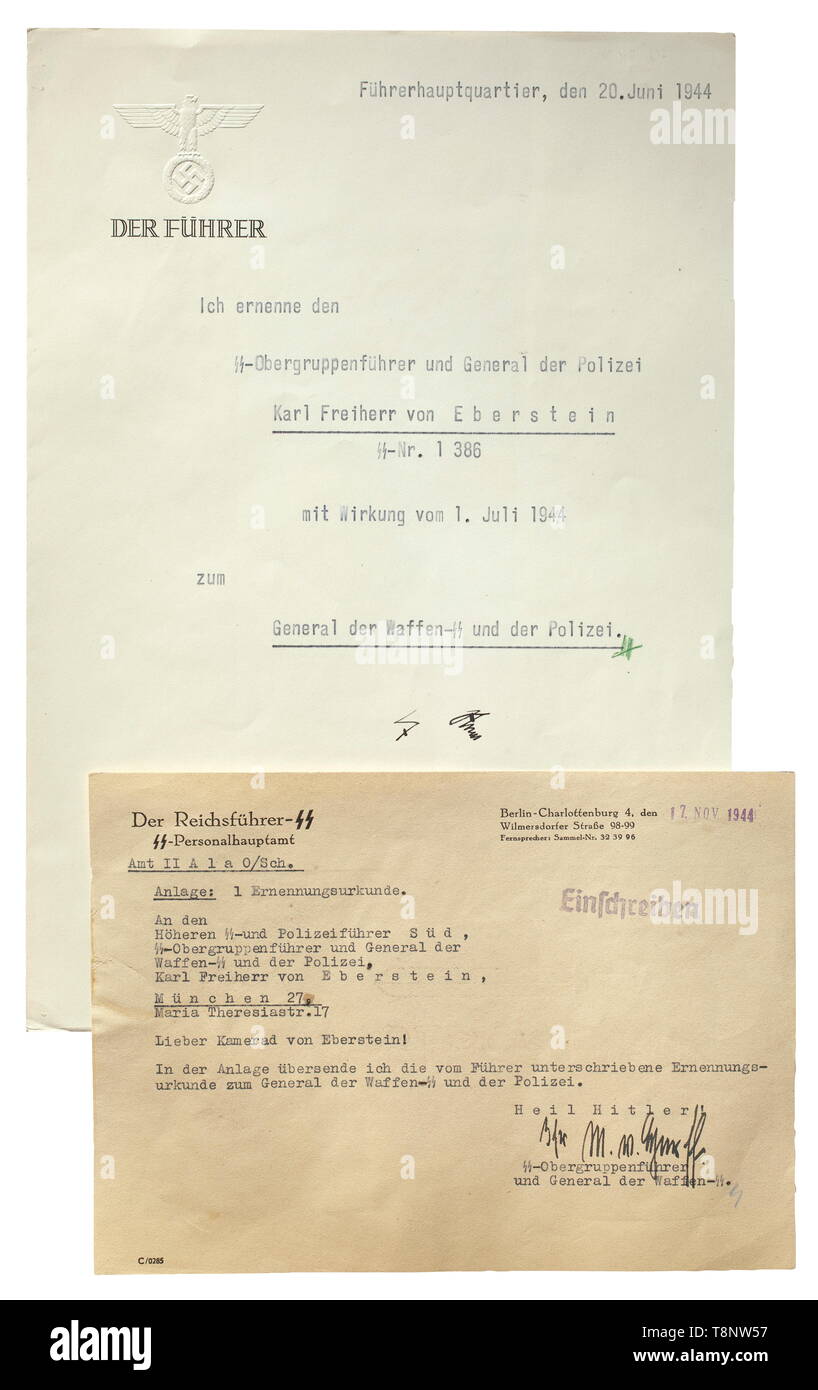 SS-Gruppenführer Freiherr von Eberstein - appointment as General of the Waffen-SS A certificate of appointment with a stamped national eagle and 'DER FÜHRER' in relief print, issued in the Führer Headquarters und signed by Adolf Hitler himself on 20 June 1944. The SS-Obergruppenführer and General of Police (SS number 1386) Karl Freiherr von Eberstein is also appointed General of the SS, effective 1 July 1944. A double-sheet document of A4 size with traces of glue on the back. The letter of transmittal from the SS Main Personnel Bureau is included. historic, historical, 20th, Editorial-Use-Only Stock Photo