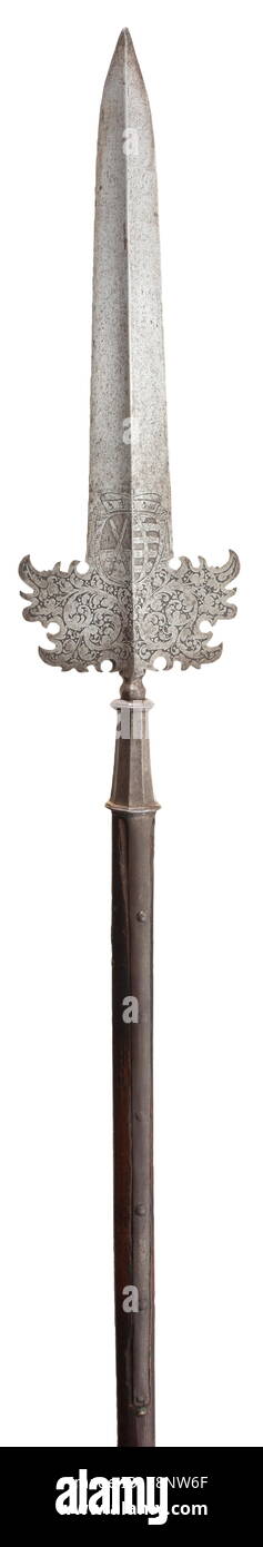 A partisan for the foot guards, from the reign of Elector Frederick Augustus I (1694 - 1697) Robust, ridged blade with symmetrical, elaborately curved lugs, on one side the combined coat of arms of the electorate of Saxony under electoral hat, on the other side the cypher 'CFA', both surmounting elaborately etched scrolling leaves. Conical baluster socket of ten lobes with long, riveted side traps. Shortened older haft. Length 183 cm. Rare polearm for the foot guards of Elector August the Strong before his ascension to the Polish throne. Cf. Hilb, Additional-Rights-Clearance-Info-Not-Available Stock Photo