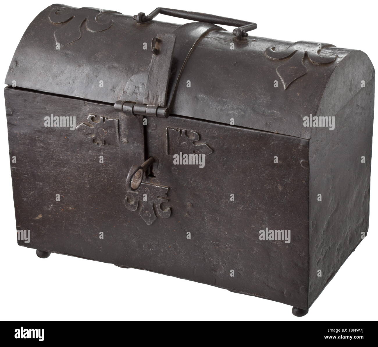 A French iron travel casket, circa 1600 Rectangular form with domed lid, movable handle, fleur-de-lys mounts, two hasps, the one for the lock is released by a hidden mechanism in the foot, four ball feet. With key. Height 26 cm. historic, historical, handicrafts, handcraft, craft, object, objects, stills, clipping, clippings, cut out, cut-out, cut-outs, 17th century, Additional-Rights-Clearance-Info-Not-Available Stock Photo