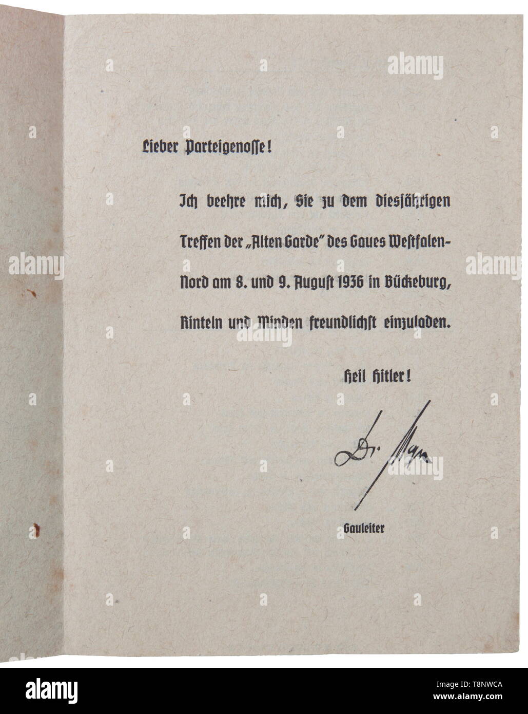 A documents grouping NSDAP Alte Garde Consists of two invitations and one award. The first invitation is for a tour of the Alte Garde (old guard) to Westphalia in 1939, along with itinerary signed by Gauleiter Dr. Ludwig Meier. Parchment with embossed gold party badge and 'Westfalen-Fahrt der Alten Garde 1939' on the cover. Opens to schedule of events. 18 x 22 cm. The second invitation is for a tour of Gau Westfalen Nord 1936 along with itinerary (back page). On cover eagle, swastika and inscription 'Treffen der Alten Garde 1936' as well as a signature by Gauleiter Dr. Ludw, Editorial-Use-Only Stock Photo