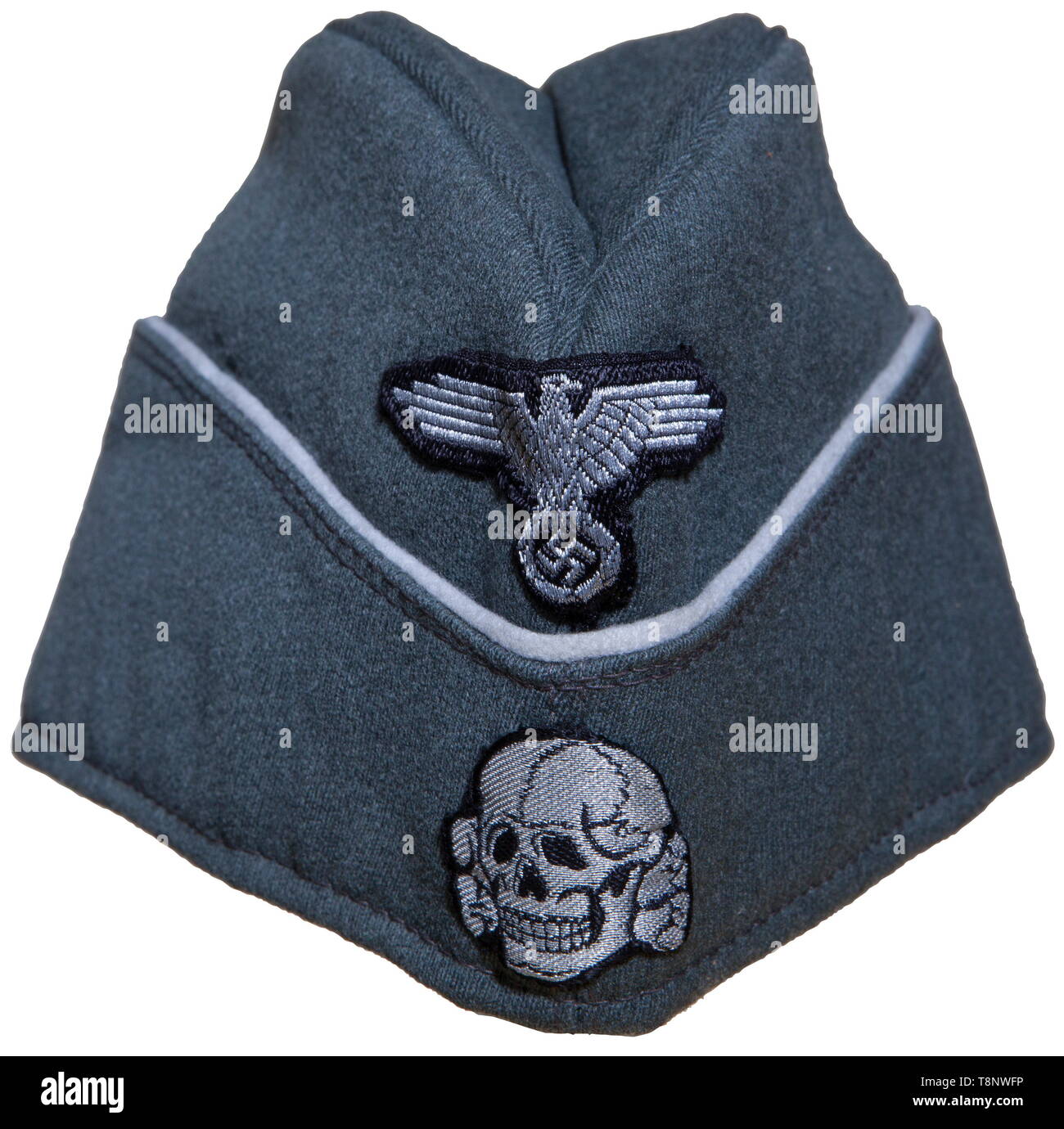 An SS field-grey model officer's field cap Field-grey gabardine cap with  grey cotton lining stamped "58". White wool piping, hand-sewn silver flat  wire eagle and skull. Slight moth damage on one side.