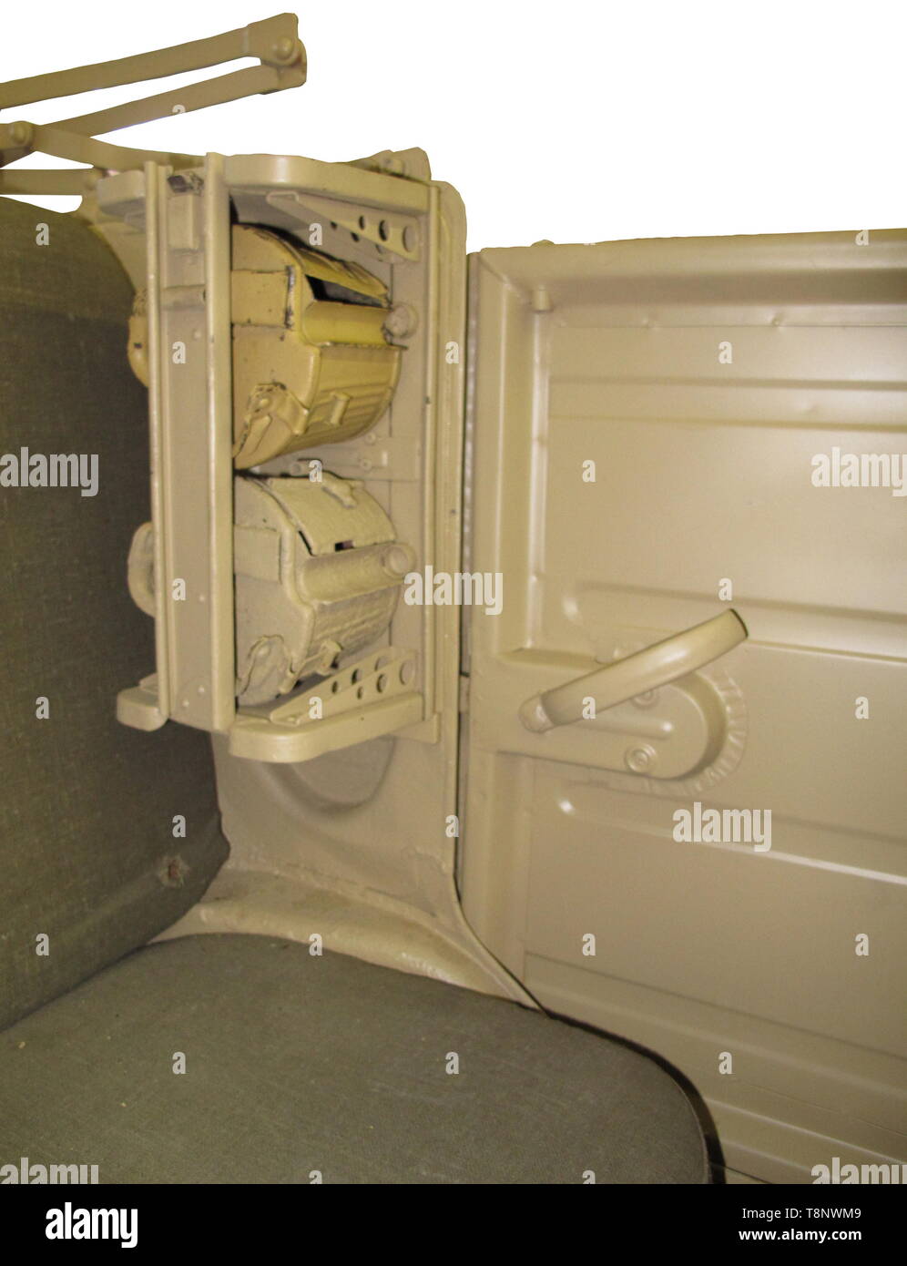 A VW-Kübelwagen type 82 Production year 1942. Roadworthy. Chassis no. 2-007969, structure no. 7911. Unrestored condition, modifications to ensure further drivability. Chassis with dotted chassis number. Gearbox, front axle, rear axle, steering gear with KDF mark (early type with aluminium lid) and all four shock absorbers original. Engine (30 HP) and braking system replaced (hydraulic brake refitted) as well as floor pans. 16-inch rims riveted, tyres replaced. Original body: All nameplates original as well as the originally welded in rear panel (, Additional-Rights-Clearance-Info-Not-Available Stock Photo