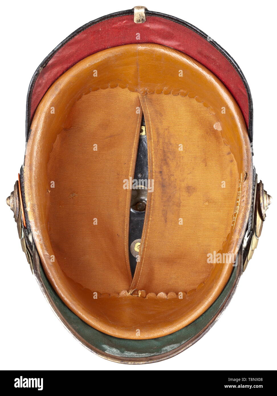 A helmet for officers of the 26th dragoon regiment Fibre body with well preserved lacquer. Silver-plated mounts, applied to the helmet-plate the enamelled star of the Order of the Crown, chipping to the medallion ring. Brass chinscales on silver push-through rosettes, officer's cockades. Brown silk rep lining, maker's inscription 'Oepaheg', size 55 1/2. Silvering partially over-polished. historic, historical, Wuerttemberg, Wurttemberg, Württemberg, Southern Germany, the South of Germany, south german, object, objects, stills, clipping, clippings,, Additional-Rights-Clearance-Info-Not-Available Stock Photo