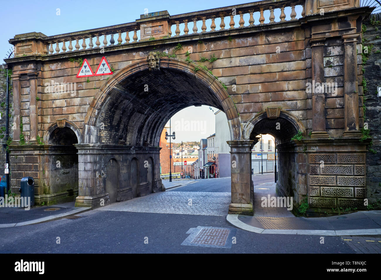 Ferryquay Gate looking out from within the city walls of Londonderry, Northern Ireland Stock Photo