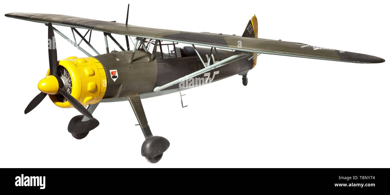 A Henschel Hs 126-A1 An exceptional flying scale model of reconnaissance troup's aircraft 5D + LK of 2 (H) 31 (Pz.) based in Greece during April 1941, finished in the Luftwaffe 'splinter' camouflage, national emblem and markings, cockpit details include pilot's seat with harness, control stick, rudder pedals, instrumentation, rear view mirror, ring and bead gunsight for the forward-firing 7.9 mm MG 17 machine-gun, the observer's/gunner's compartment with model radio, seat with harness, replica maps and charts, spare ammunition belts for the 7.9 mm moveable MG 15 machine-gun, Editorial-Use-Only Stock Photo