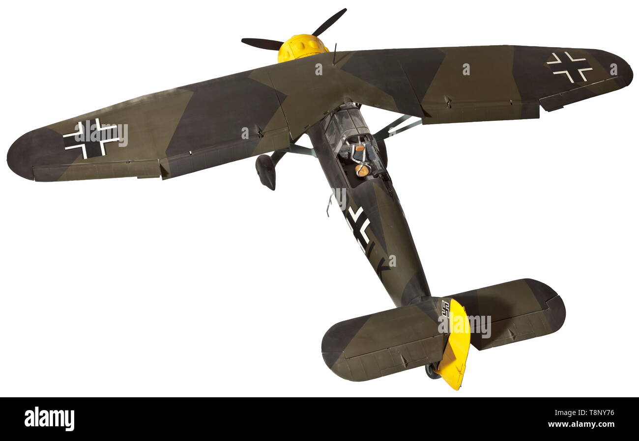 A Henschel Hs 126-A1 An exceptional flying scale model of reconnaissance troup's aircraft 5D + LK of 2 (H) 31 (Pz.) based in Greece during April 1941, finished in the Luftwaffe 'splinter' camouflage, national emblem and markings, cockpit details include pilot's seat with harness, control stick, rudder pedals, instrumentation, rear view mirror, ring and bead gunsight for the forward-firing 7.9 mm MG 17 machine-gun, the observer's/gunner's compartment with model radio, seat with harness, replica maps and charts, spare ammunition belts for the 7.9 mm moveable MG 15 machine-gun, Editorial-Use-Only Stock Photo