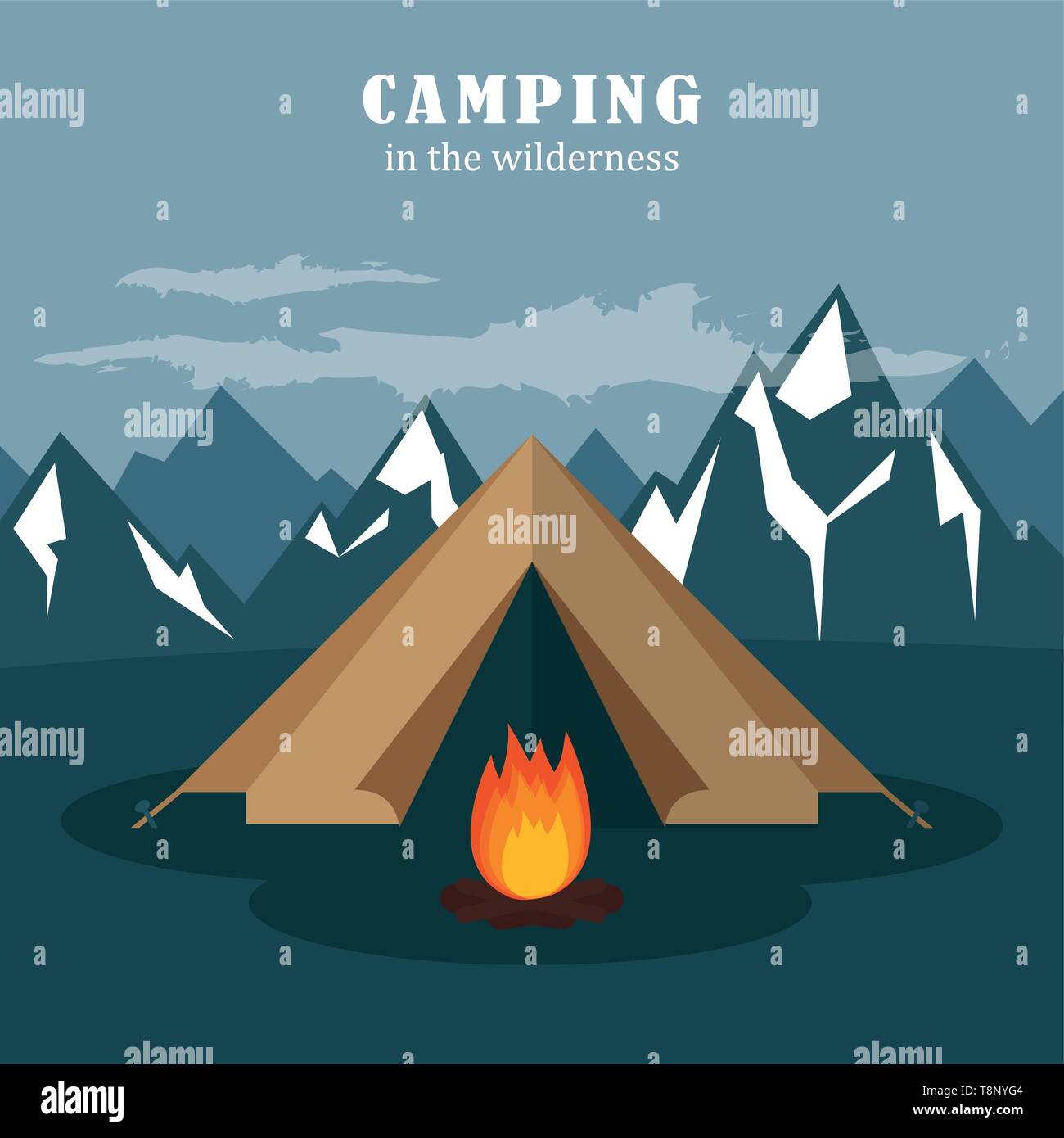 camping adventure in the wilderness tent at snowy mountain landscape vector illustration EPS10 Stock Vector