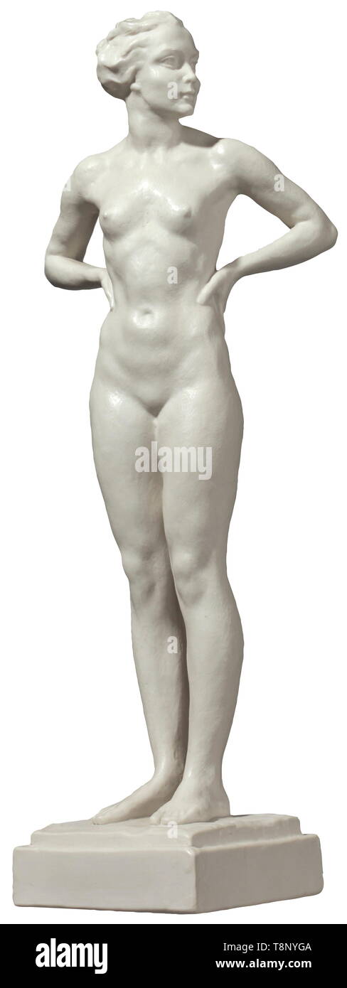 Gustav Adolf Daumiller (1878 - 1962) - female swimmer White bisque porcelain, signed at the plinth 'A.Daumiller', the base with impressed model number '1615', green Rosenthal manufacturer's mark (as issued through 1933) and adhered label. Height 39 cm. historic, historical, 20th century, 1930s, 1940s, fine arts, art, NS, National Socialism, Nazism, Third Reich, German Reich, Germany, National Socialist, Nazi, Nazi period, Editorial-Use-Only Stock Photo