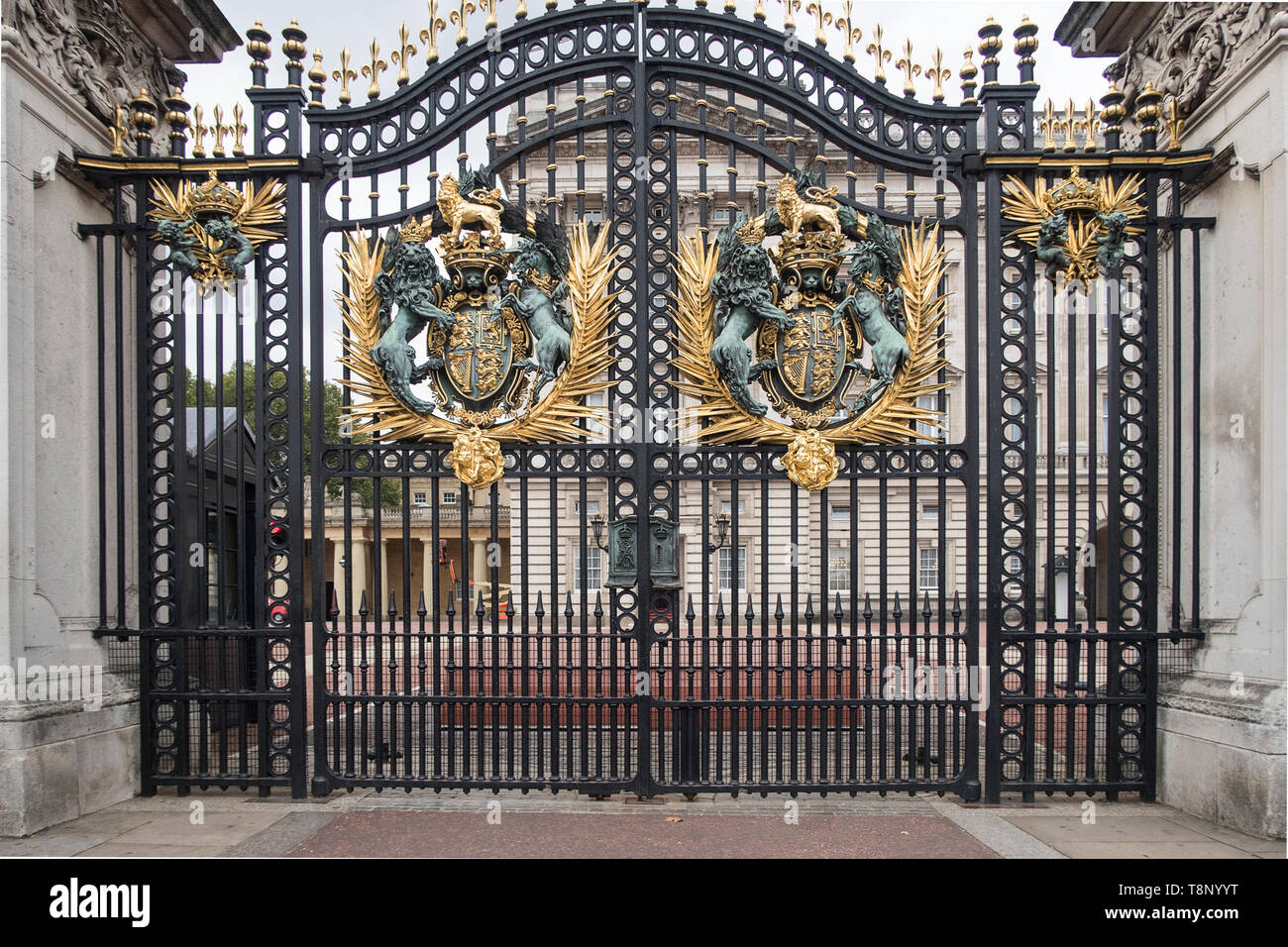 London, United Kingdom - October 11, 2018; Close up of the Gate of Buckingham palace with rich golden ornaments Stock Photo