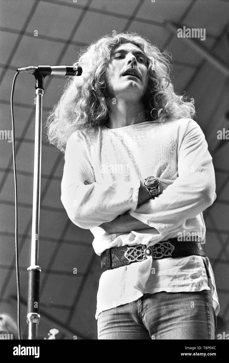 Amsterdam, Netherlands - MAY 27: Robert Plant of Led Zeppelin during sound check on stage at Oude Rai on 27th May 1972 in Amsterdam, Netherlands. (Photo by Gijsbert Hanekroot) Stock Photo