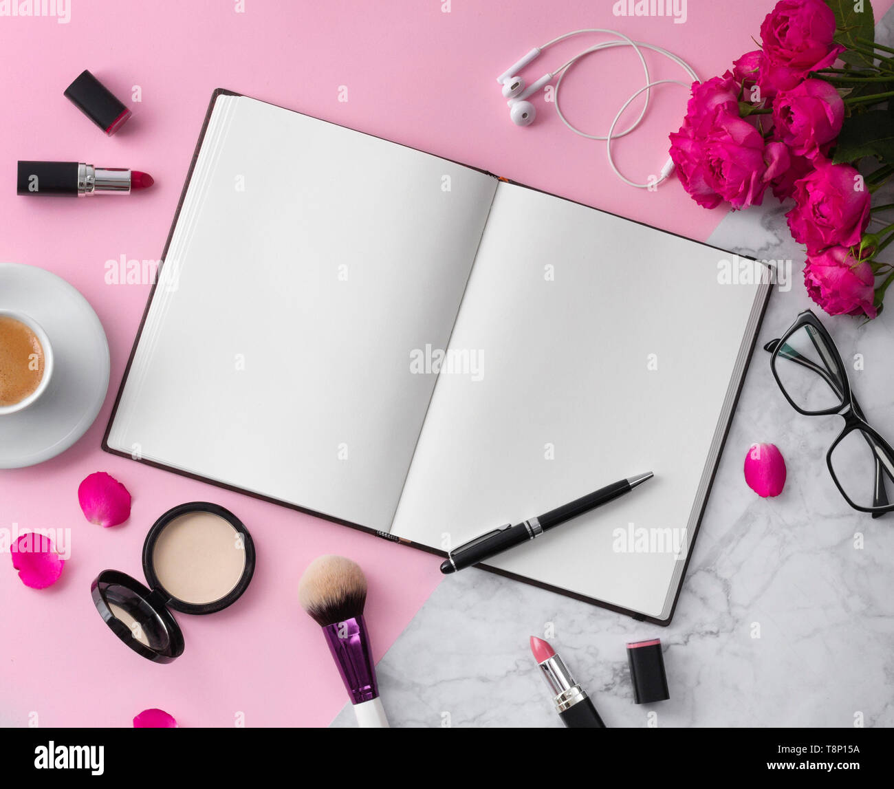 Download Beautiful Mockup Flat Lay Design For Blogging Workplace Background Cosmetics Makeup Brushes Lipstick Powder And Notepad With Coffee And Flowers On Stock Photo Alamy