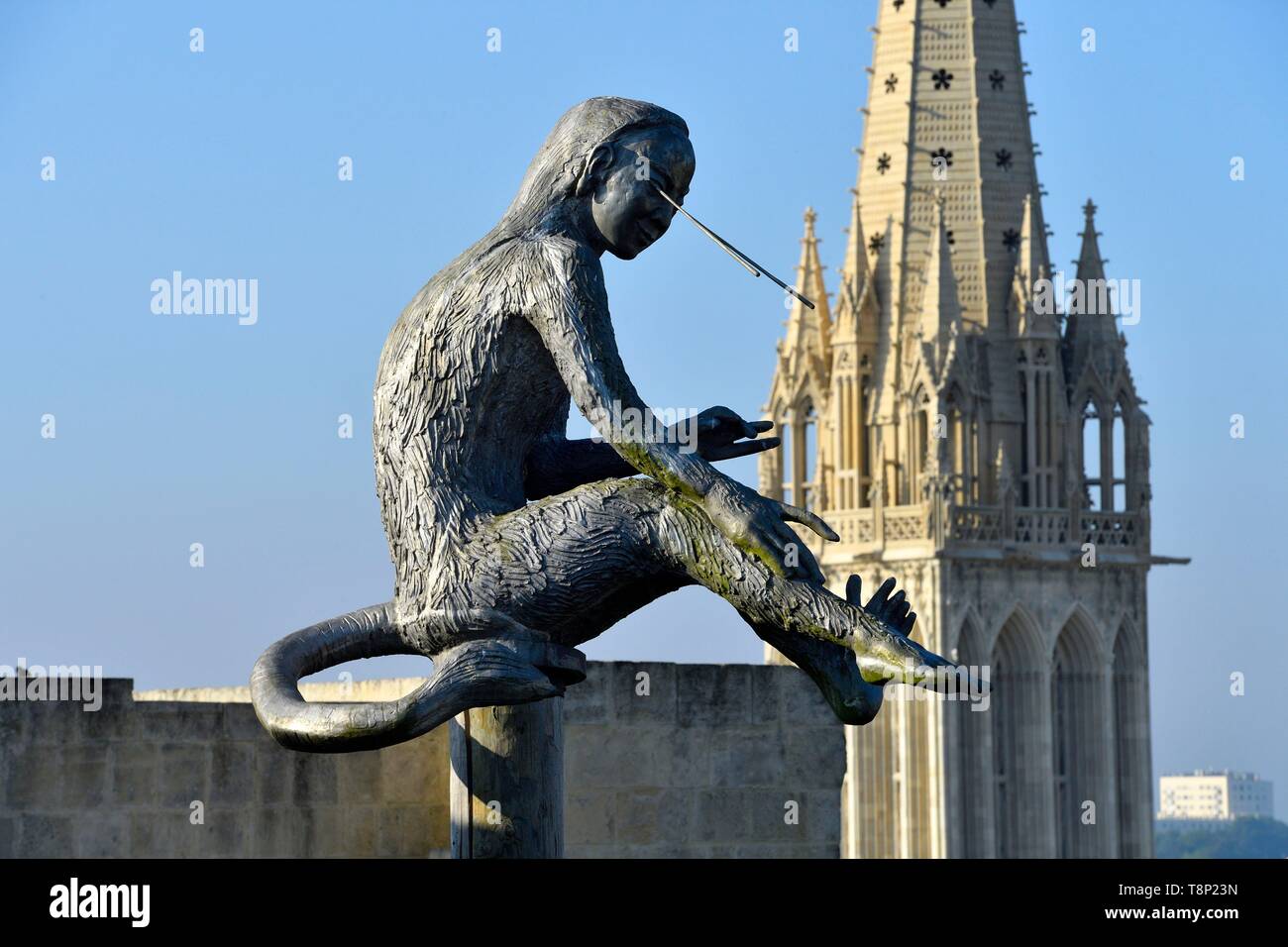 France, Calvados, Caen, the castle of William the Conqueror, Ducal Palace and Saint Pierre church in the background, The sculpture park of the castle at the Fine arts museum Stock Photo