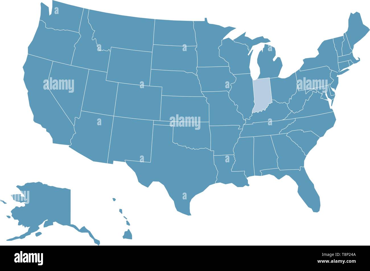 U.S. map highlighting Indiana in bright orange