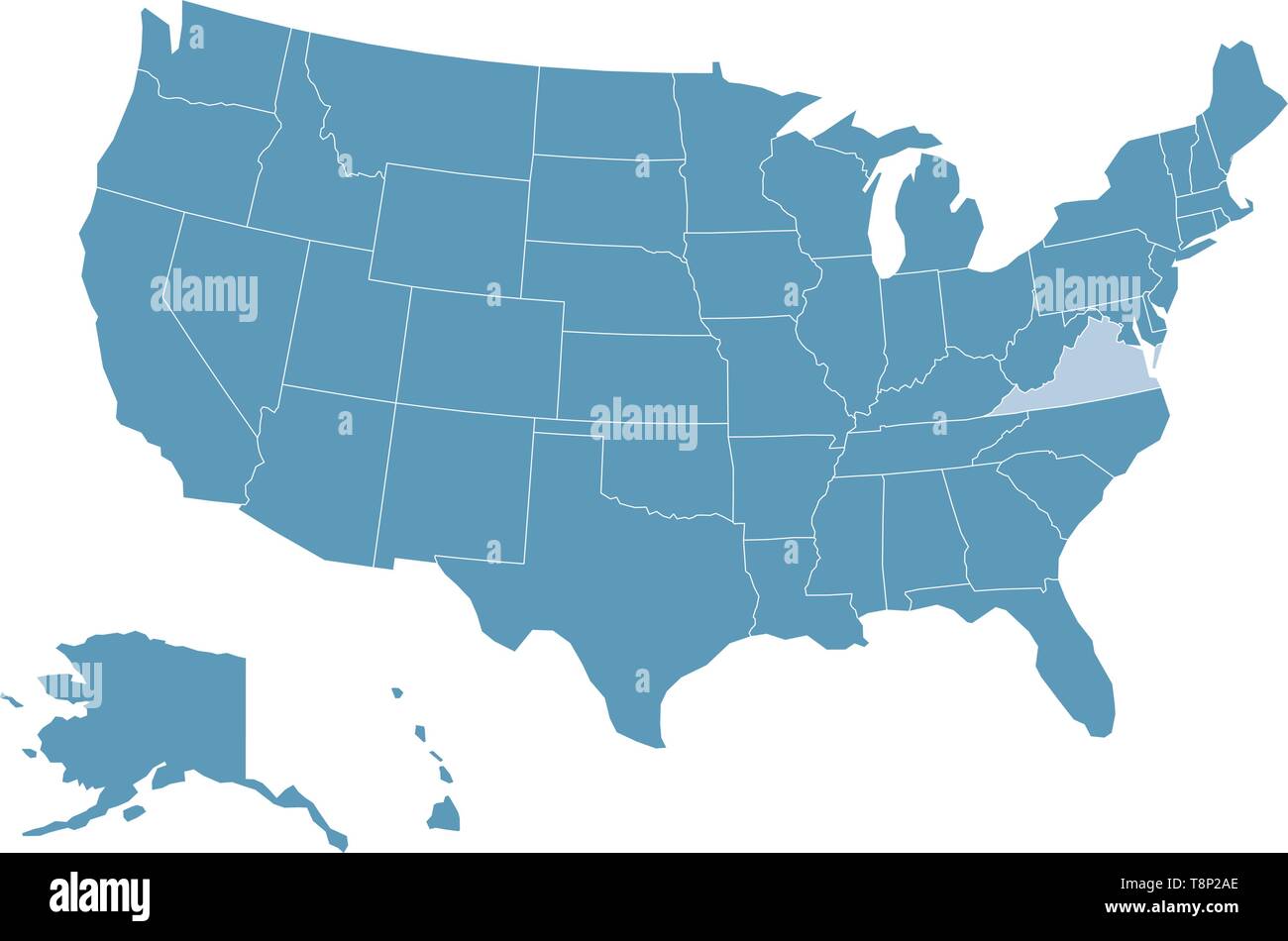 Map of the United States with Virginia highlighted Stock Vector Image