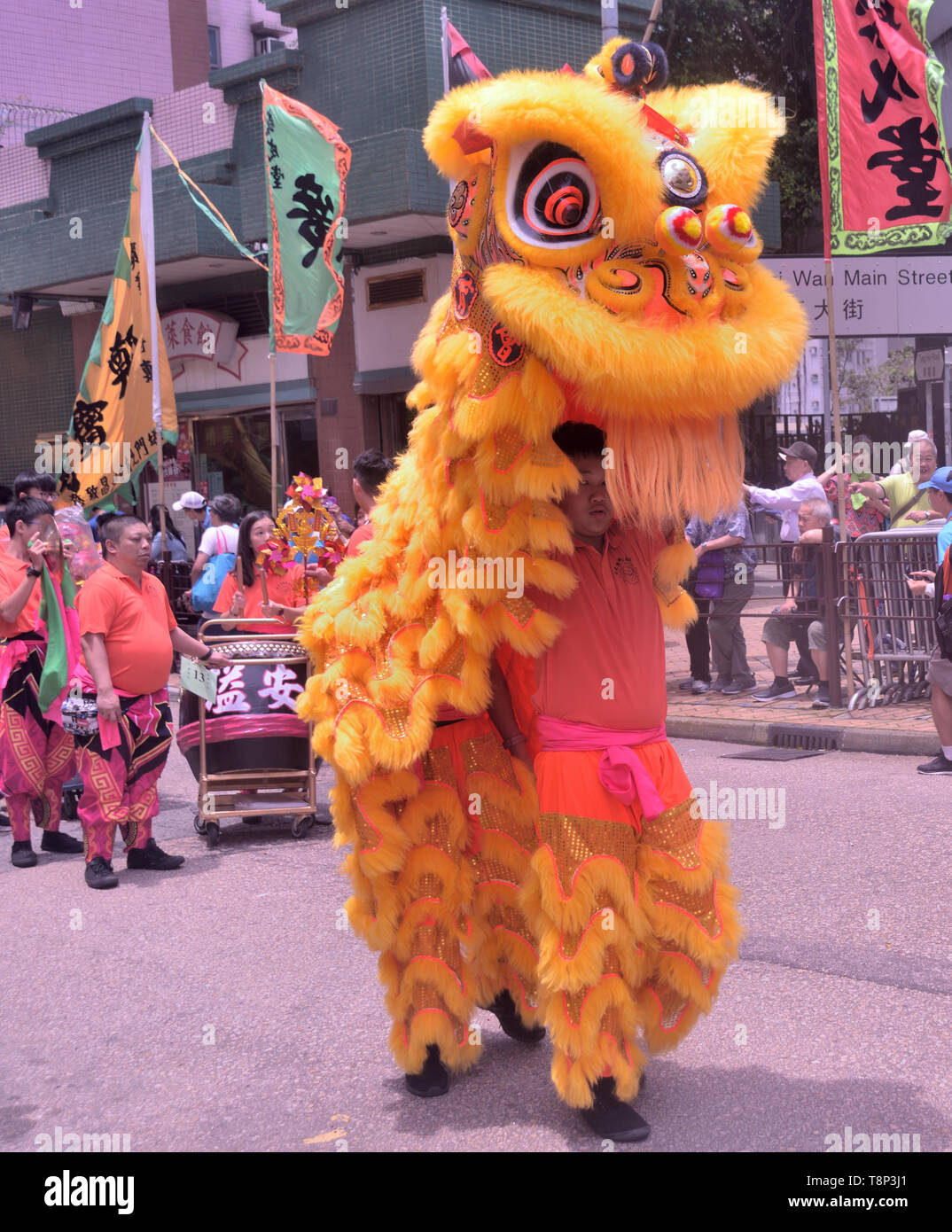 Golden lion dance held on street during Tam Kung Festival celebration, Shau Kei Wan, Hong Kong Stock Photo