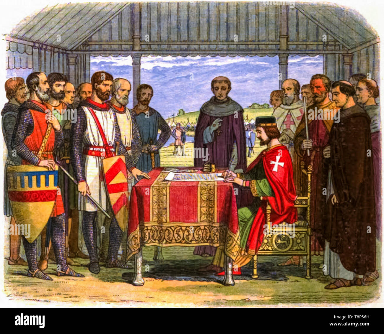 King John signing the Magna Carta, illustration by Edmund Evans, 1864 Stock Photo