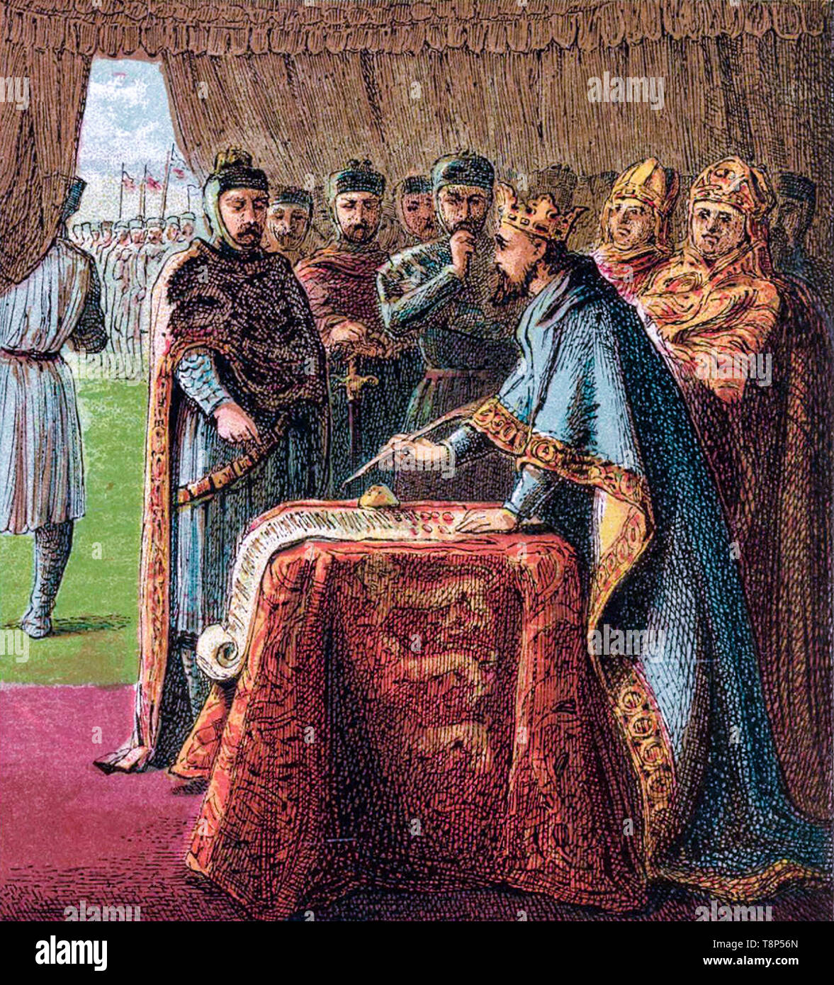 King John signs the Magna Carta, illustration by Joseph Martin Kronheim, 1868 Stock Photo