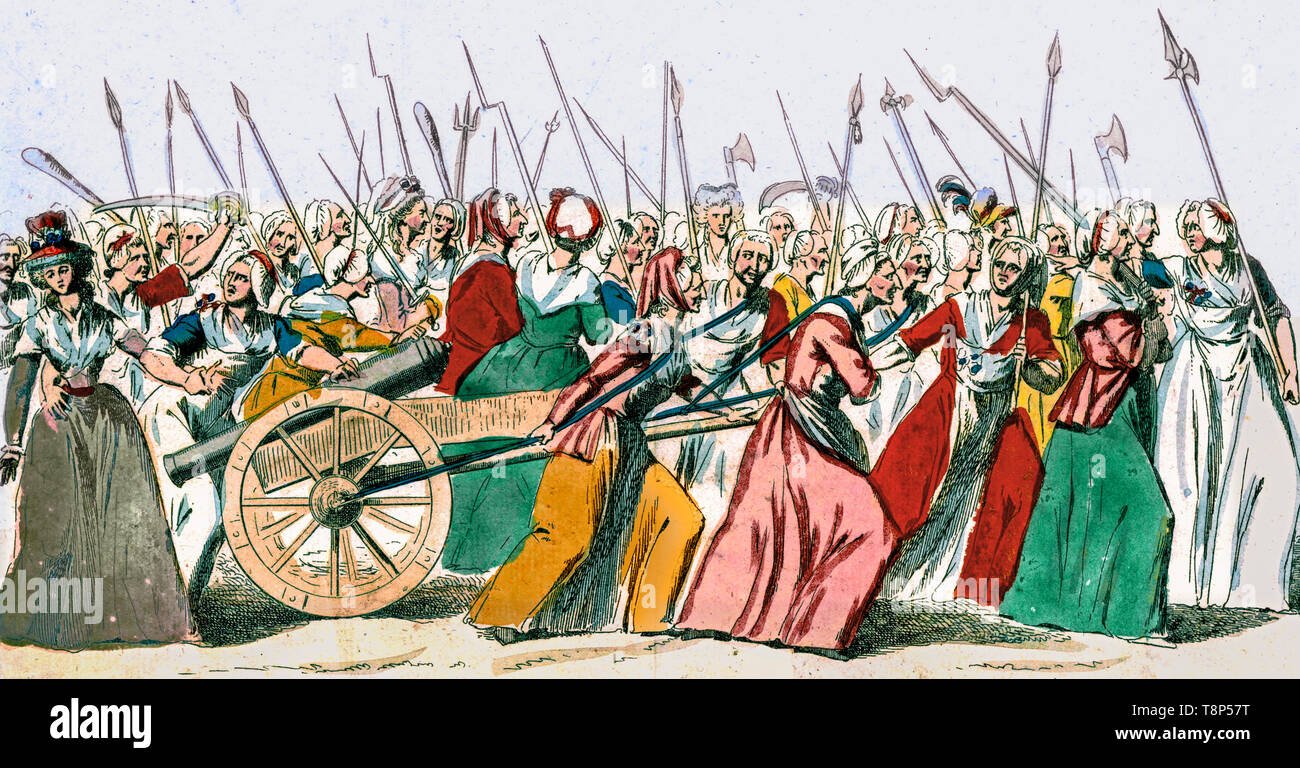 Women’s March on Versailles, 5-6th October 1789. A crowd of women march to the Palace of Versailles demanding the return of King Louis XVI to Paris, hand coloured etching, 1789 Stock Photo