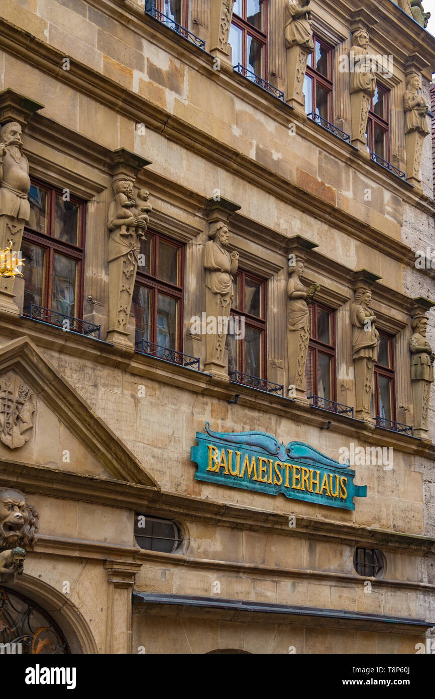 Close-up of the Baumeisterhaus (Master Builder's House) in the medieval town Rothenburg ob der Tauber. The sandstone Renaissance façade shows several... Stock Photo