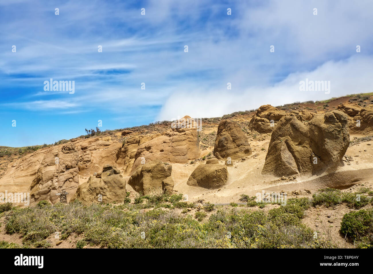 The outer Teno Mountains on teneriffa with its moonscape in sandstone and tuff formations, bizarre and formed by wind and weather rock landscape in oc Stock Photo