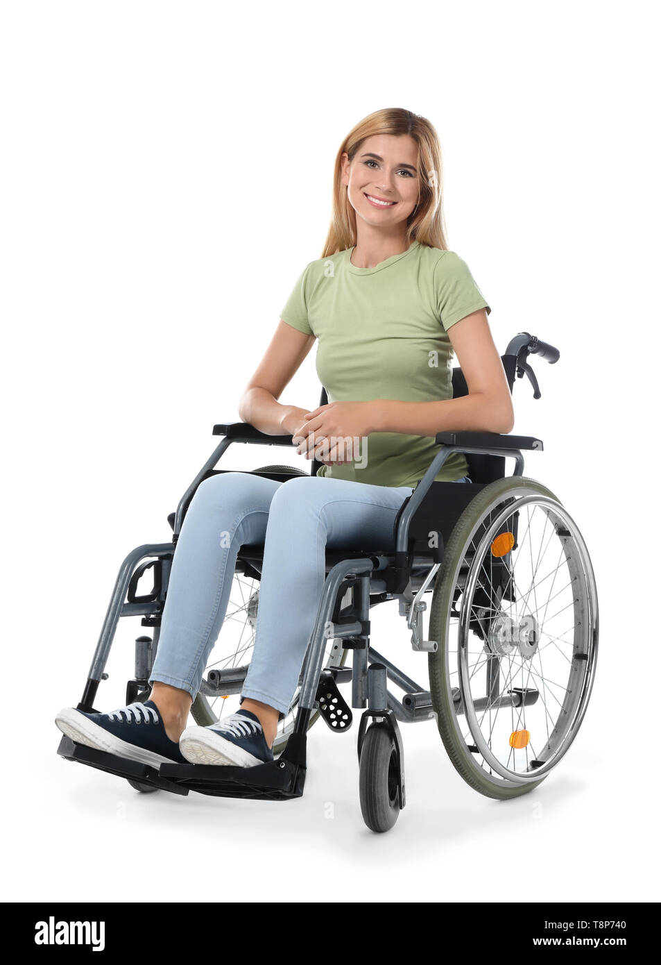 Beautiful woman in wheelchair on white background Stock Photo - Alamy